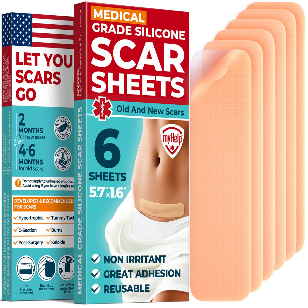 MYHELP Medical Grade Silicone Scar Sheets – 6pk (5.7”x1.6”) for Surgical, C-Section & Keloid Scars