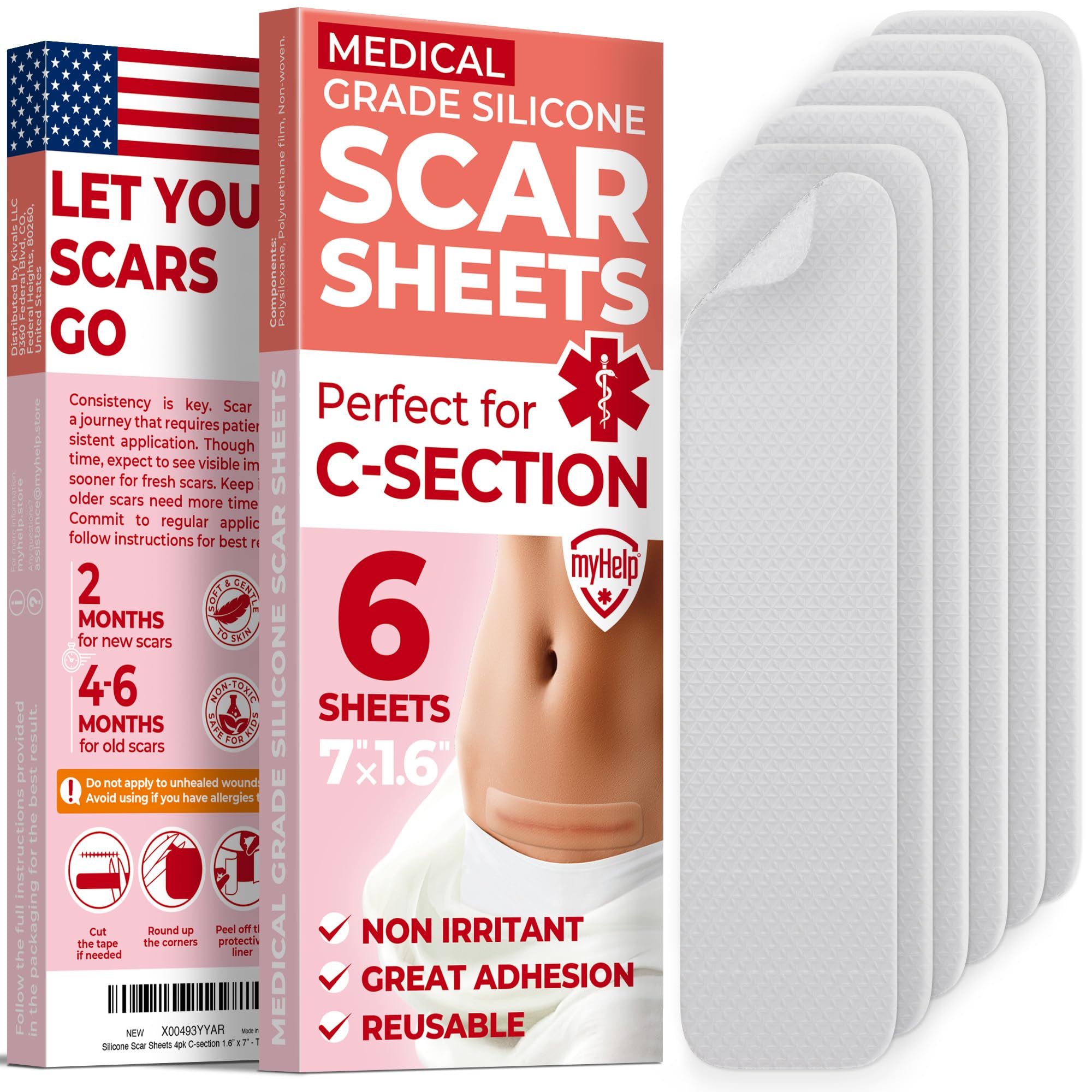 MYHELP Medical Grade Silicone Scar Sheets – Transparent 6pk (7in x 1.6in) for C-Section Scars