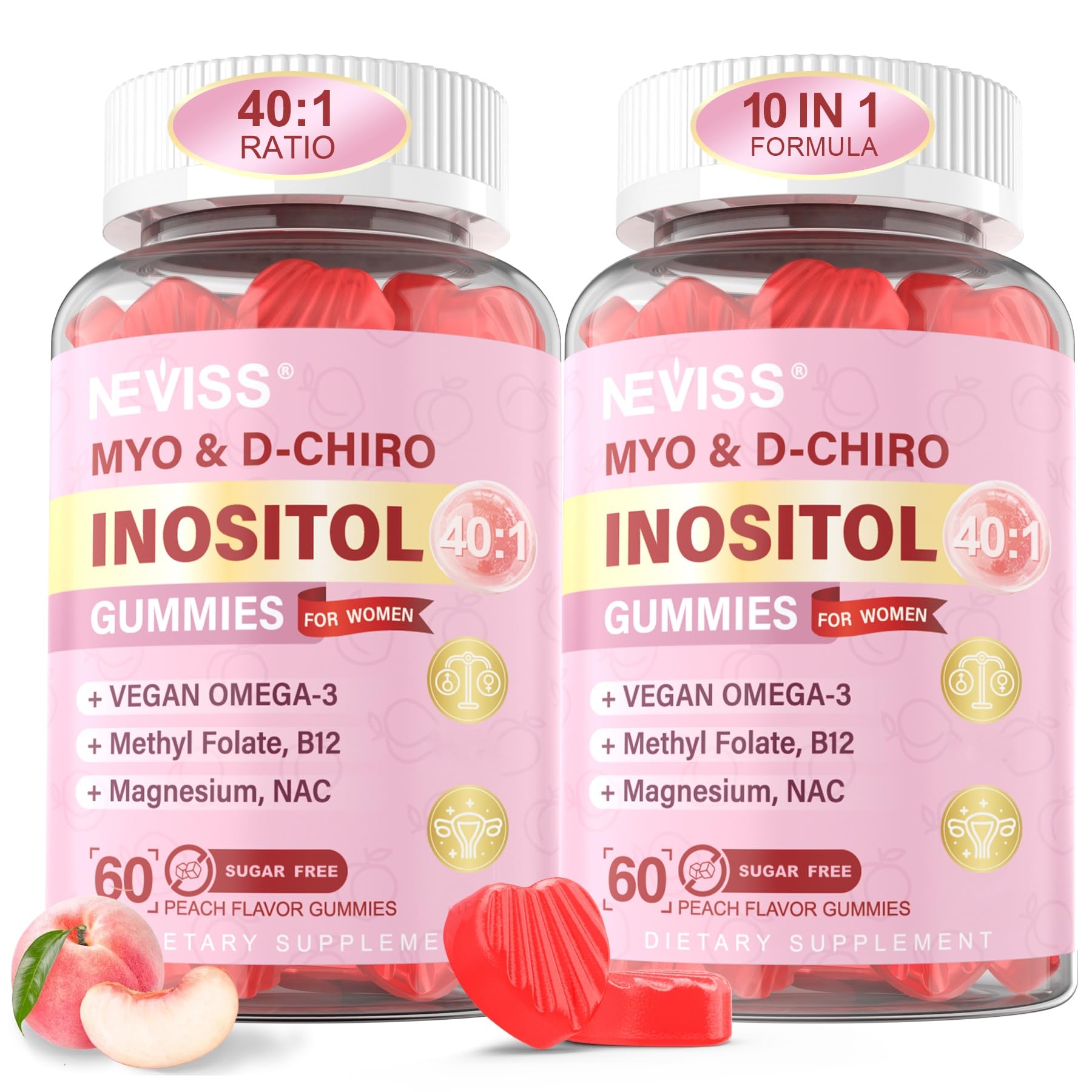 Myo-Inositol & D-Chiro Inositol Gummies for Women – 40:1 Ratio, Sugar-Free, 120 Ct