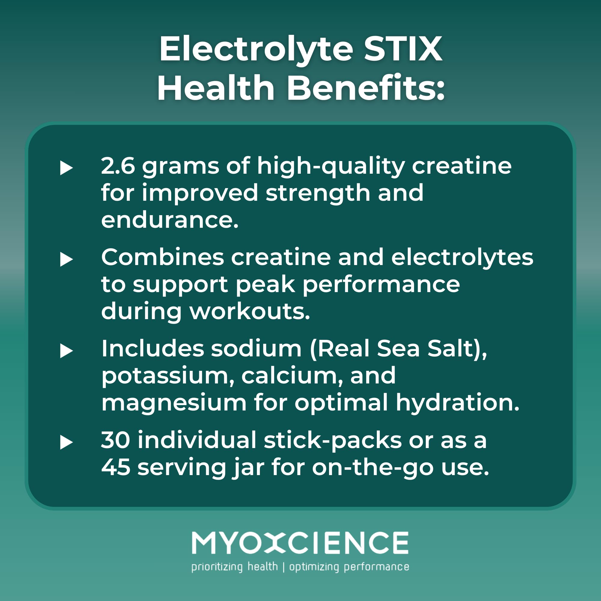 MYOXCIENCE Electrolyte STIX | Creatine Electrolyte Powder for Hydration & Recovery (Unflavored, 30 ct)