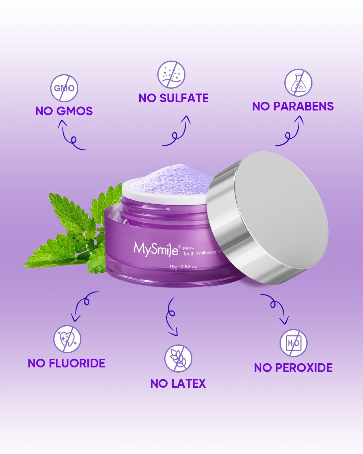 MySmile Pap Natural Mint Teeth Whitening Powder - Non-Sensitive, Fluoride Free 1.04 oz (Bright Purple)