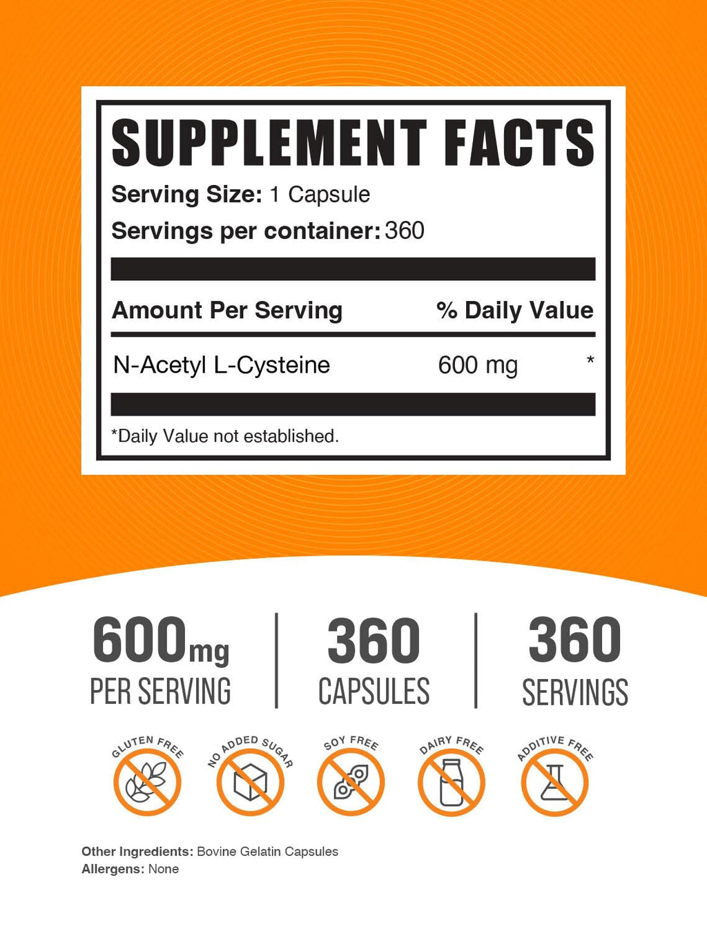 N-Acetyl L-Cysteine 600mg Capsules – NAC Supplement, Gluten Free, 360 Count | BulkSupplements