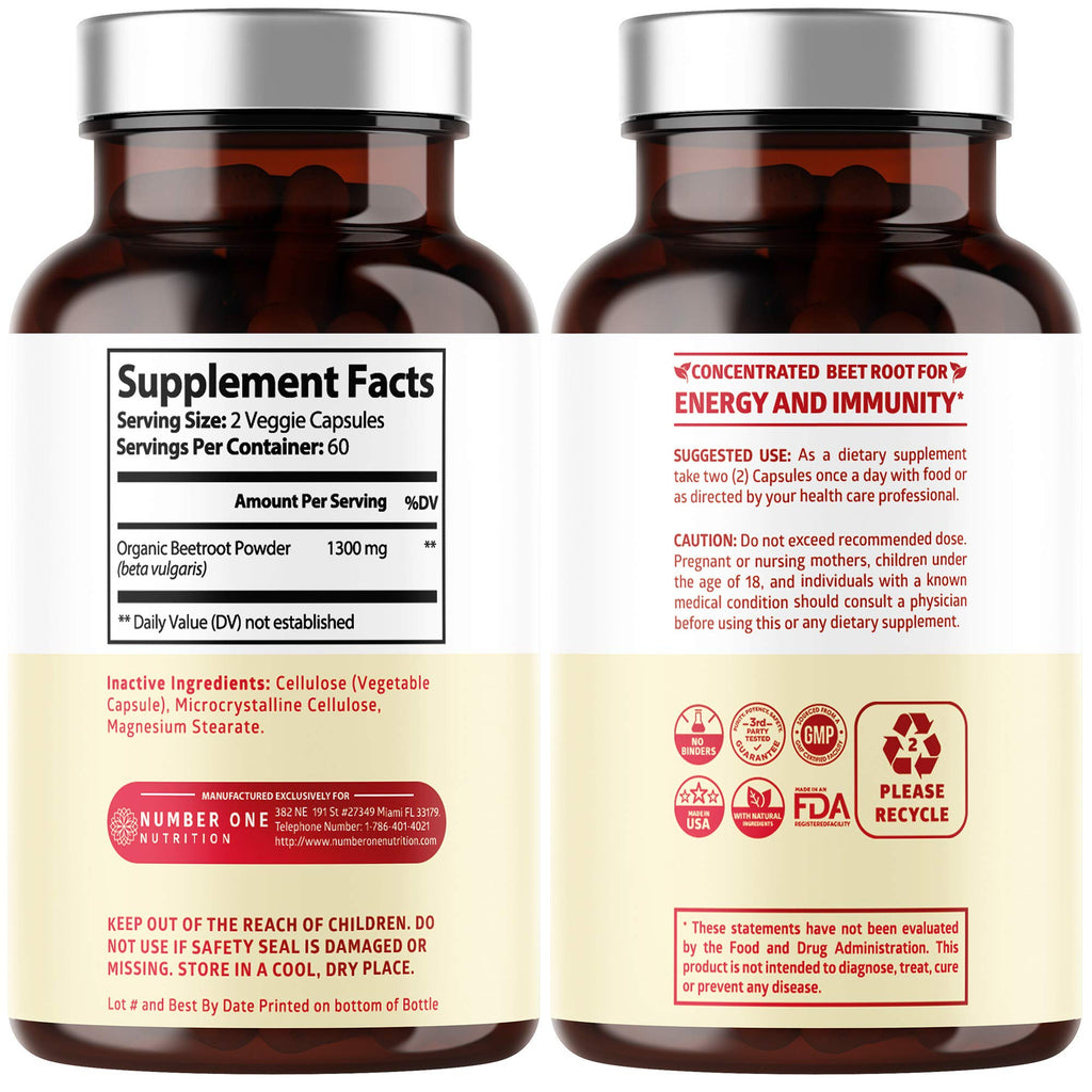 N1N Premium Organic Beet Root Capsules 1300mg – 120 Veg Caps | Non-GMO & Gluten Free