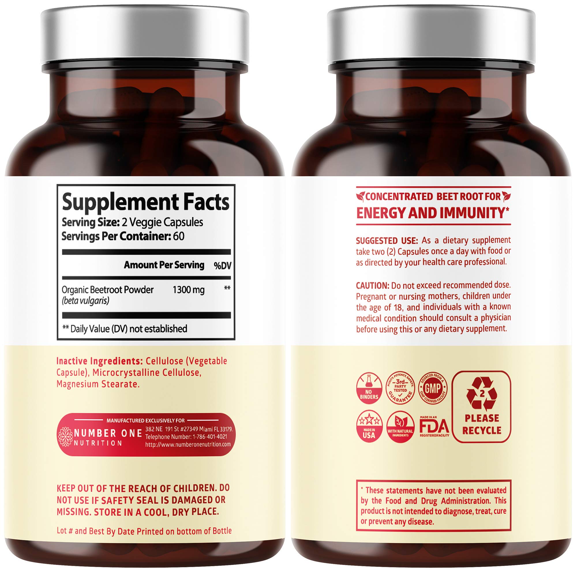 N1N Premium Organic Beet Root Capsules 1300mg – 120 Veg Caps | Non-GMO & Gluten Free