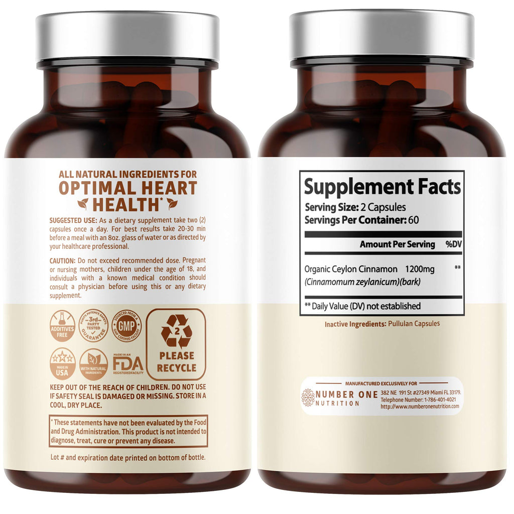 N1N Premium Ceylon Cinnamon 1200mg – 100% Organic Cinnamon Supplement | Supports Circulation, Brain & Joints | 120 Caps