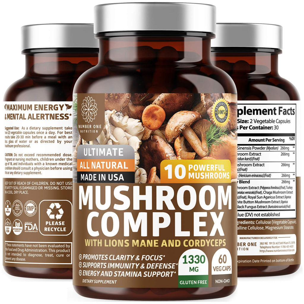 N1N Premium Mushroom Complex - 10x Powerful Mushrooms (Reishi, Lions Mane, Cordyceps, Chaga, Turkey Tail, Maitake) - 60 Veg Caps