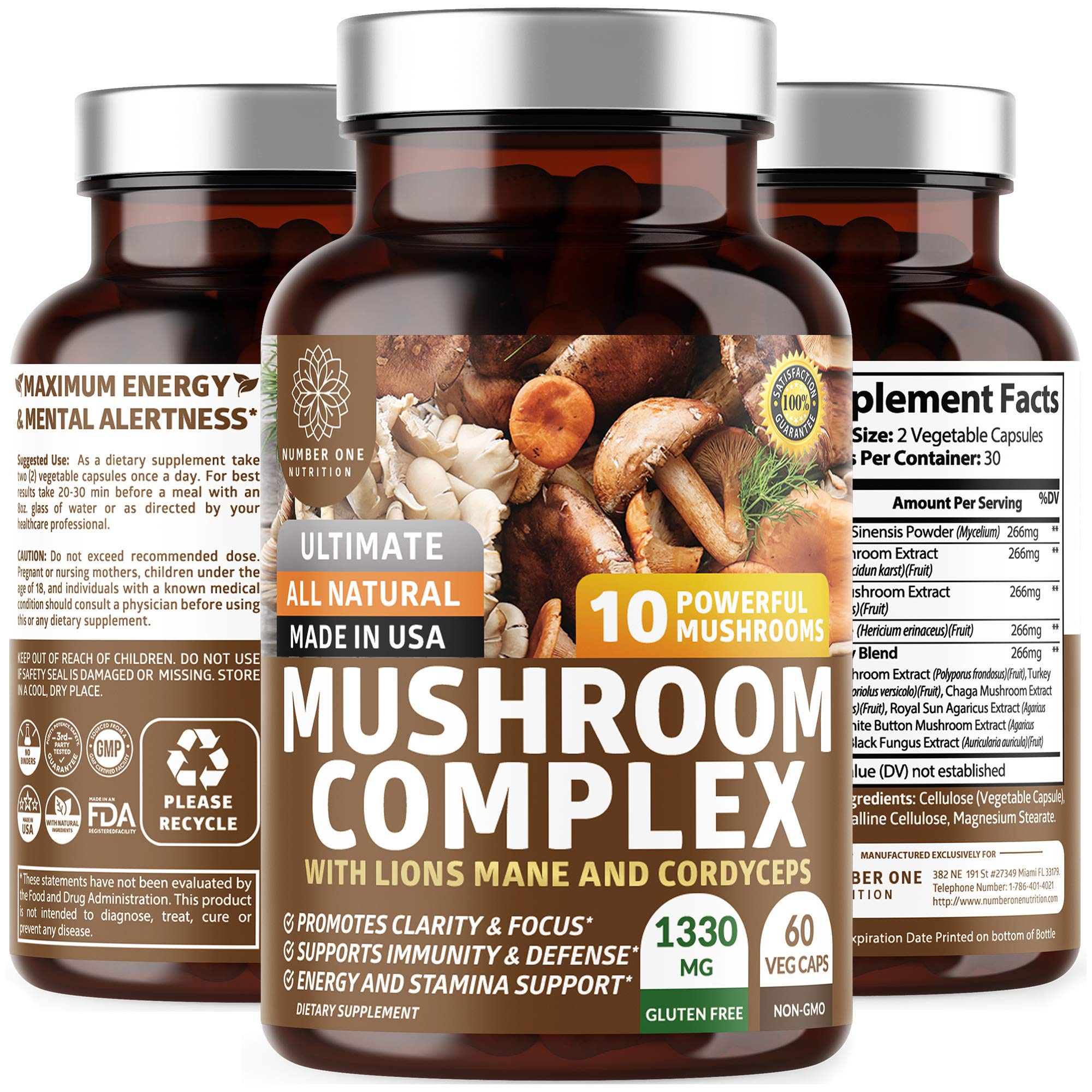 N1N Premium Mushroom Complex - 10x Powerful Mushrooms (Reishi, Lions Mane, Cordyceps, Chaga, Turkey Tail, Maitake) - 60 Veg Caps
