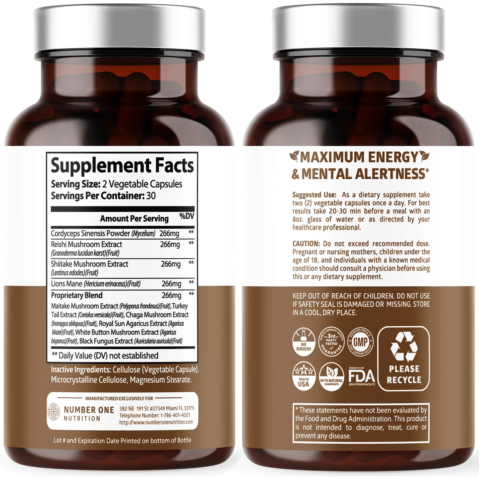 N1N Premium Mushroom Complex - 10x Powerful Mushrooms (Reishi, Lions Mane, Cordyceps, Chaga, Turkey Tail, Maitake) - 60 Veg Caps