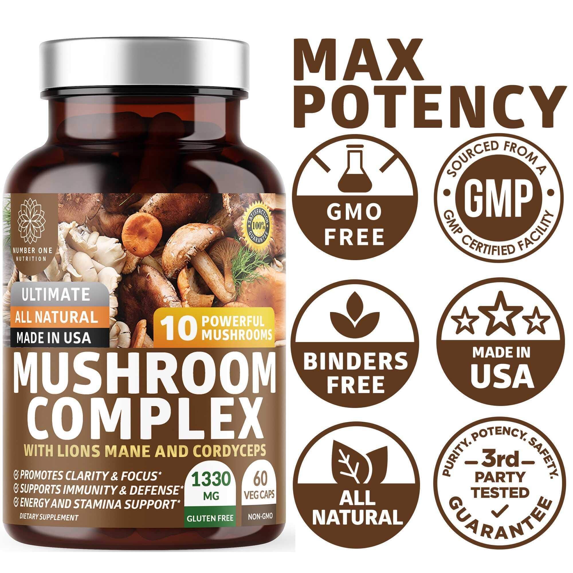 N1N Premium Mushroom Complex: 10x Powerful Mushrooms for Immunity, Brain & Energy - 60 Veg Caps (Pack of 2)