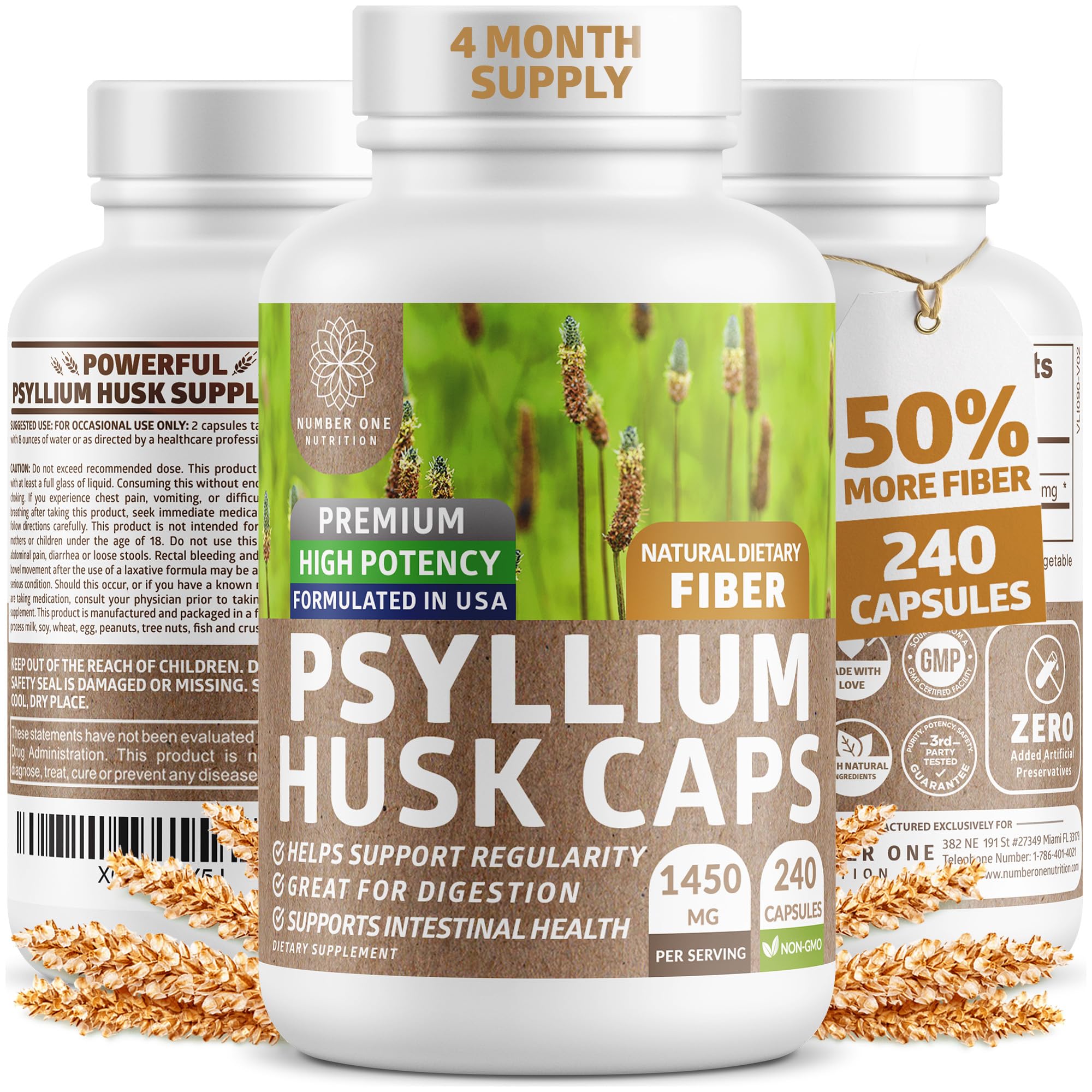 N1N Premium Psyllium Husk Capsules - 1450 MG All Natural Fiber | 240 Caps