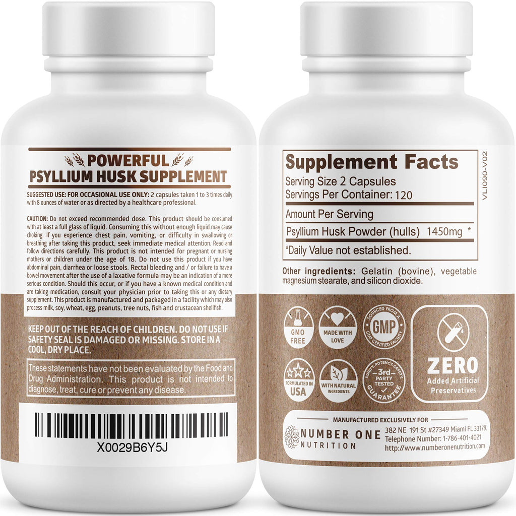 N1N Premium Psyllium Husk Capsules - 1450 MG All Natural Fiber | 240 Caps