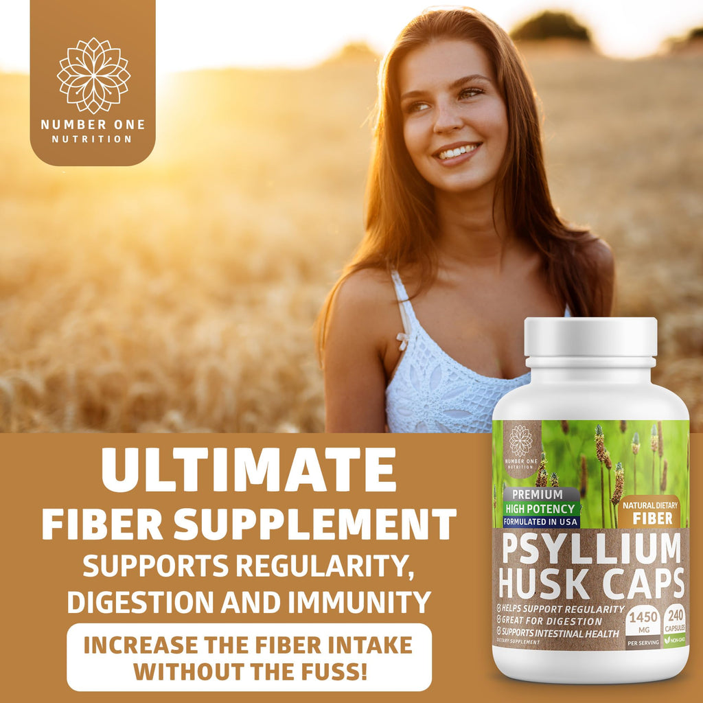 N1N Premium Psyllium Husk Capsules - 1450 MG All Natural Fiber | 240 Caps