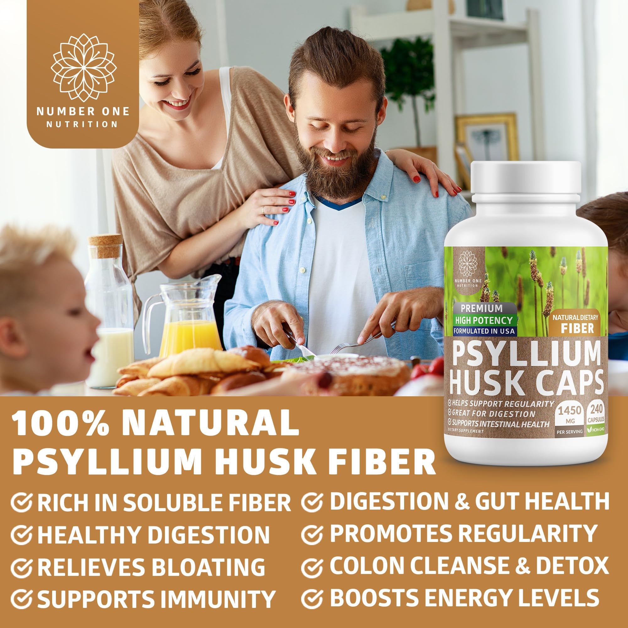 N1N Premium Psyllium Husk Capsules - 1450 MG All Natural Fiber | 240 Caps