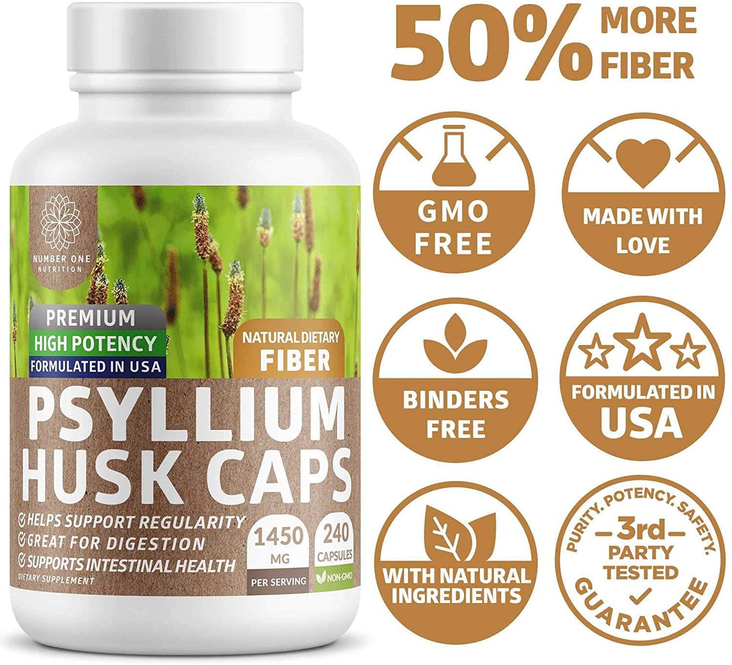 N1N Premium Psyllium Husk Capsules - 1450 MG All Natural Fiber | 240 Caps