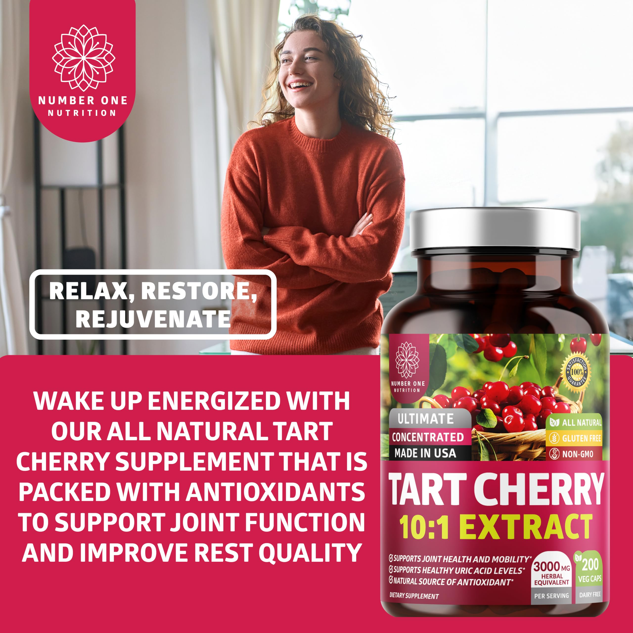 N1N Premium Tart Cherry Extract Capsules - 200 Veg Caps, 3000 mg | Joint Health & Antioxidant