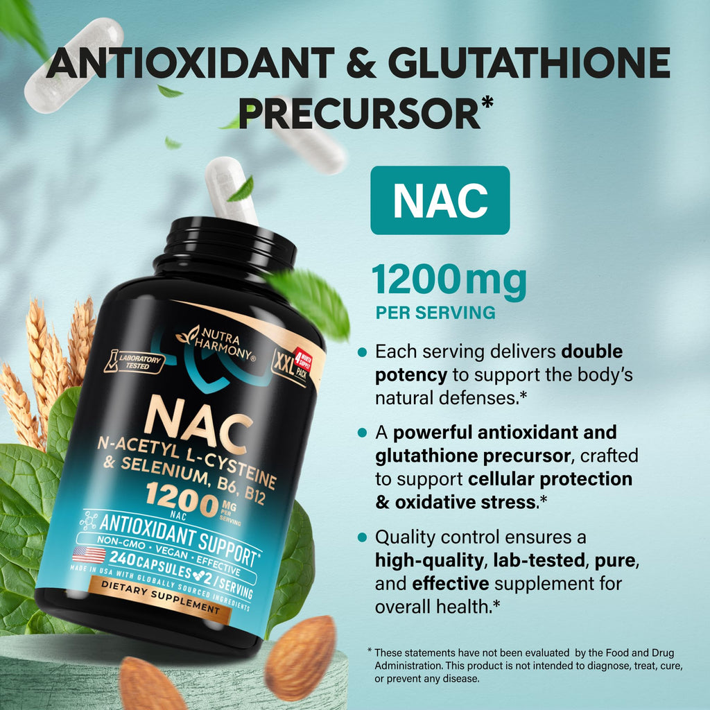 NAC Supplement with Selenium, B6 & B12 – 600 mg NAC per Capsule, 1200 mg per Serving | 240 Caps (4 Month Supply) – Made in USA