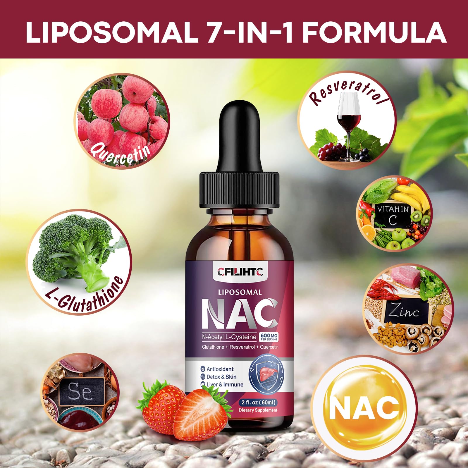 Liposomal NAC Drops 600mg – N-Acetyl Cysteine with Glutathione, Resveratrol & Zinc (Strawberry, 2 fl oz)