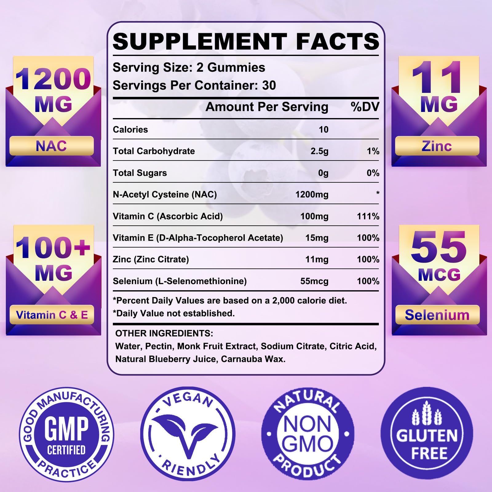 Sugar Free NAC Gummies 1200mg - N-Acetyl Cysteine Supplement with Selenium, Zinc, Vitamin C & E | 60 Count