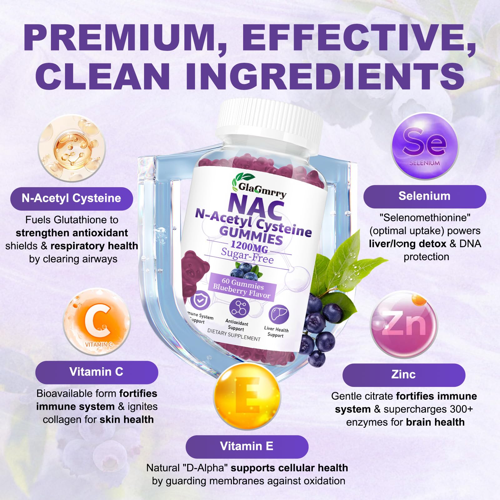 Sugar Free NAC Gummies 1200mg - N-Acetyl Cysteine Supplement with Selenium, Zinc, Vitamin C & E | 60 Count