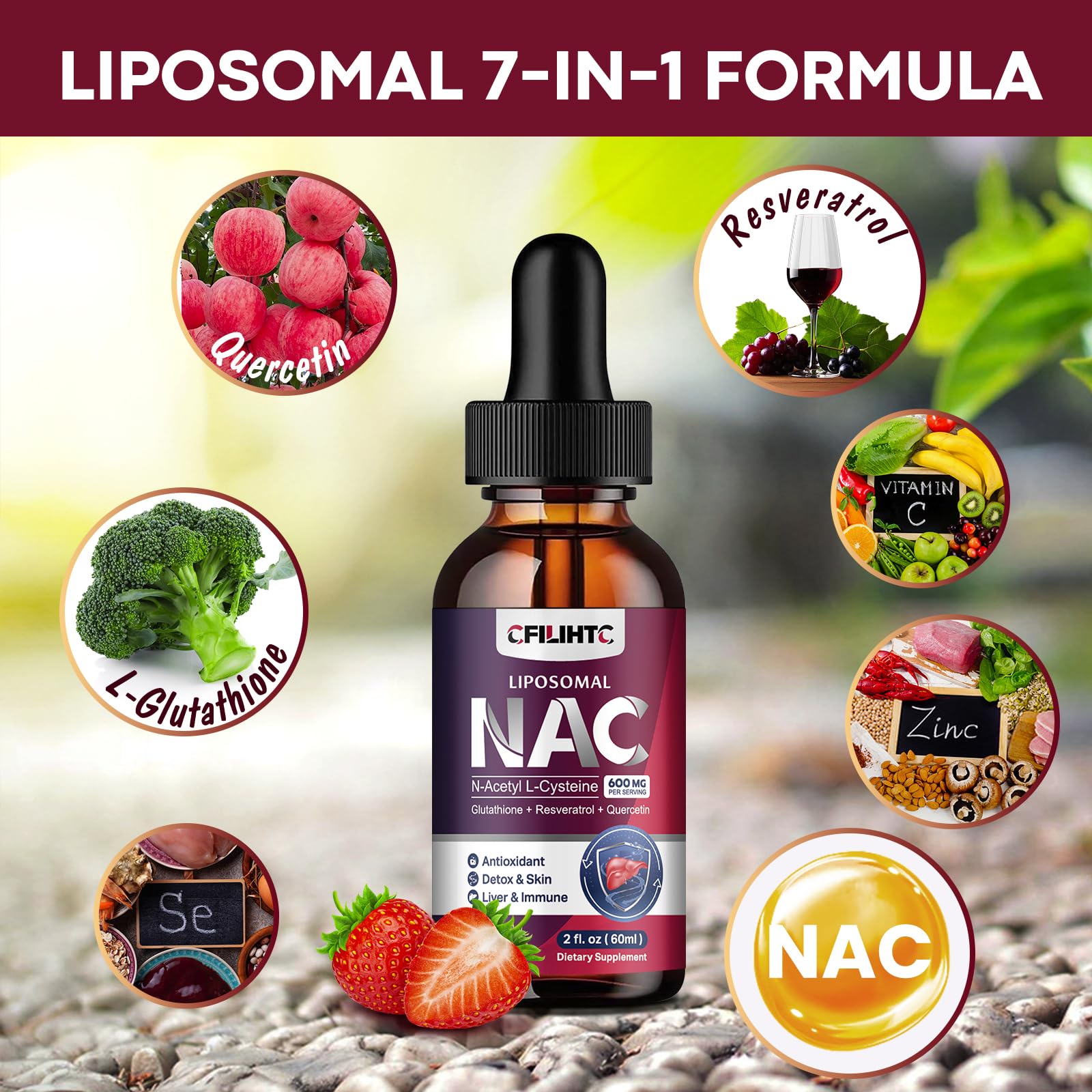 Liposomal NAC Liquid Drops – 600mg N-Acetyl Cysteine with Glutathione, Resveratrol & Zinc (Strawberry, 4 oz)