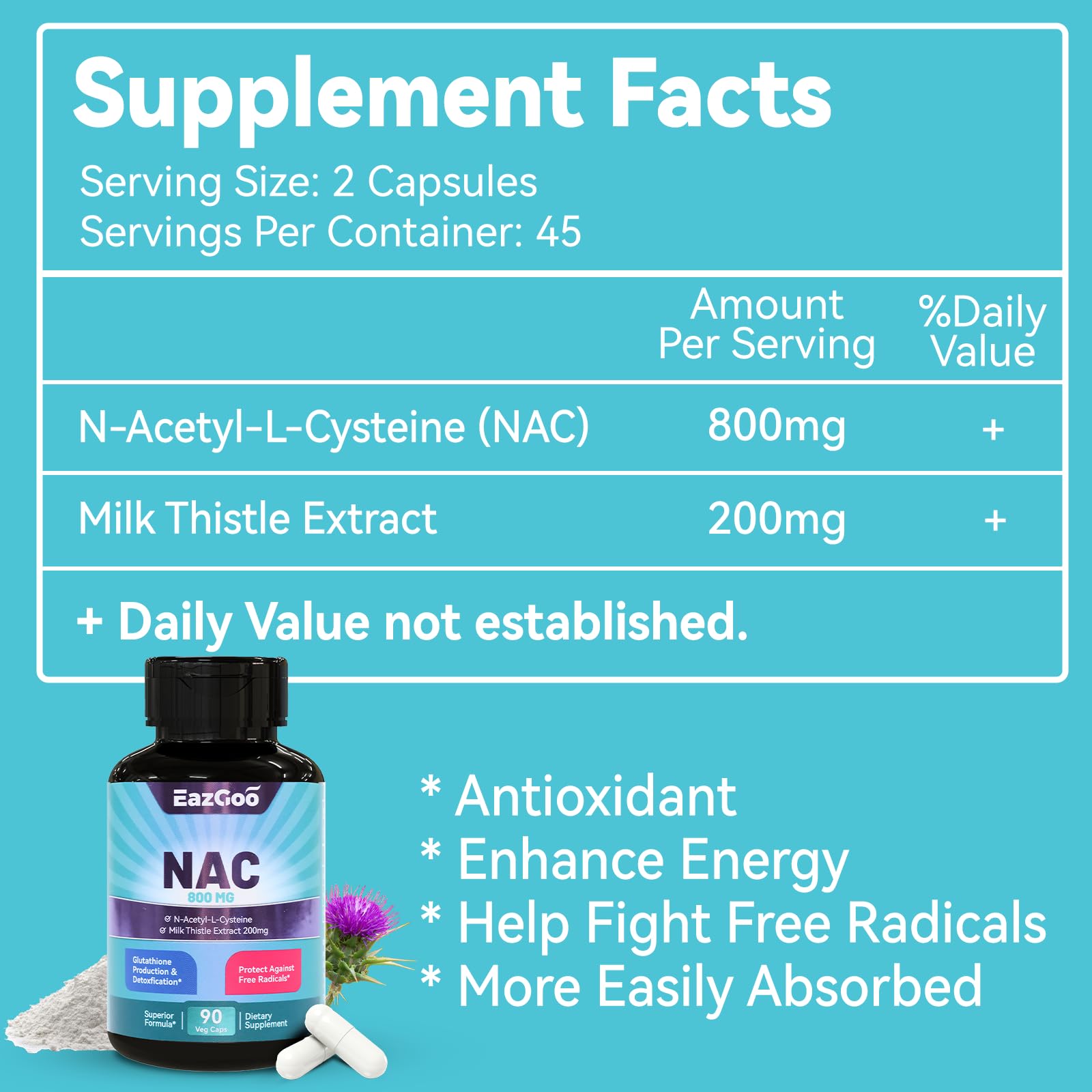 NAC 800mg + Milk Thistle 200mg Capsules – Antioxidant, 90 Count, Vegan