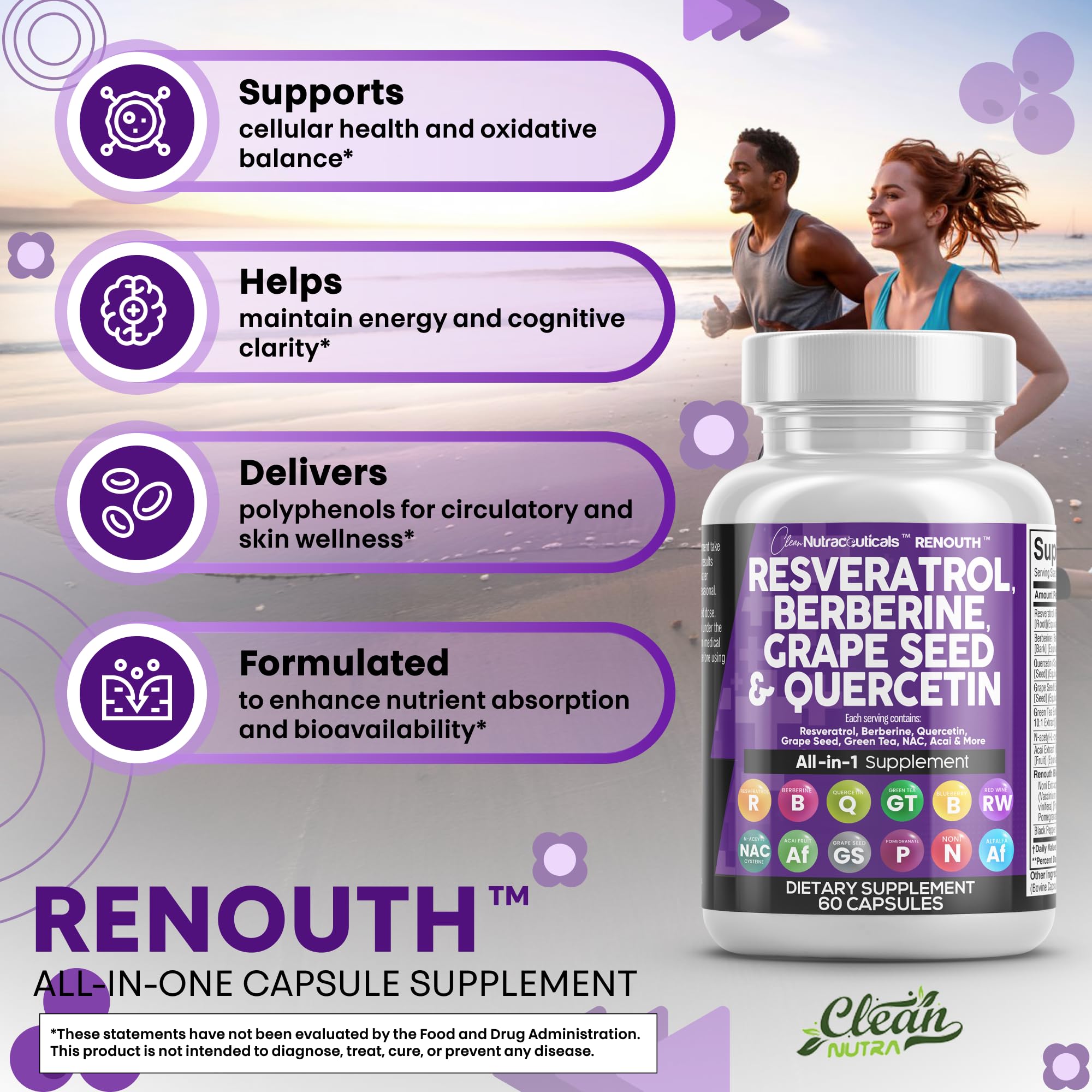 Clean Resveratrol Supplement with Berberine, Grape Seed & Quercetin