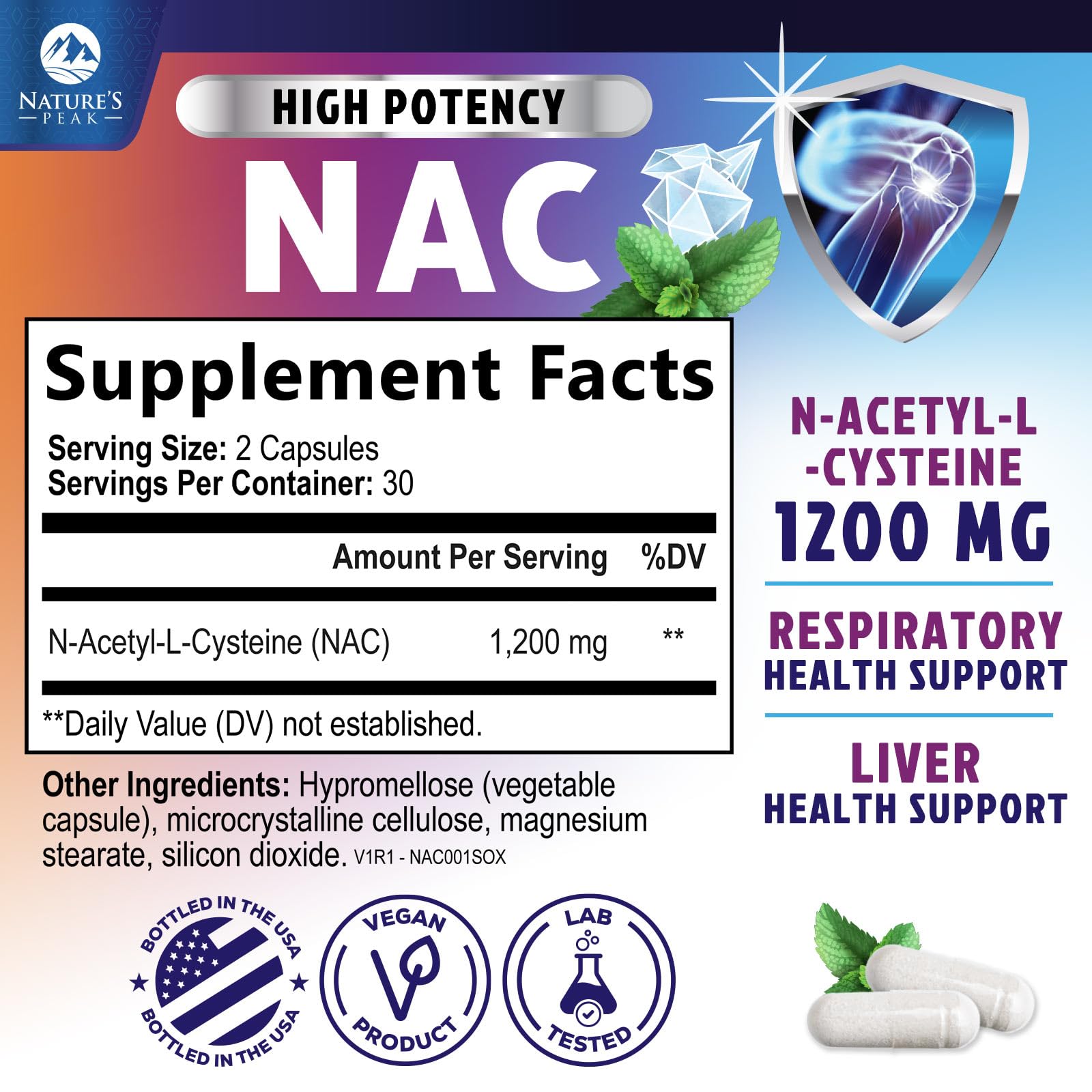 NAC 1200mg Supplement – Immune & Antioxidant Support | Liver & Lung Health – USA Made, 60 Caps