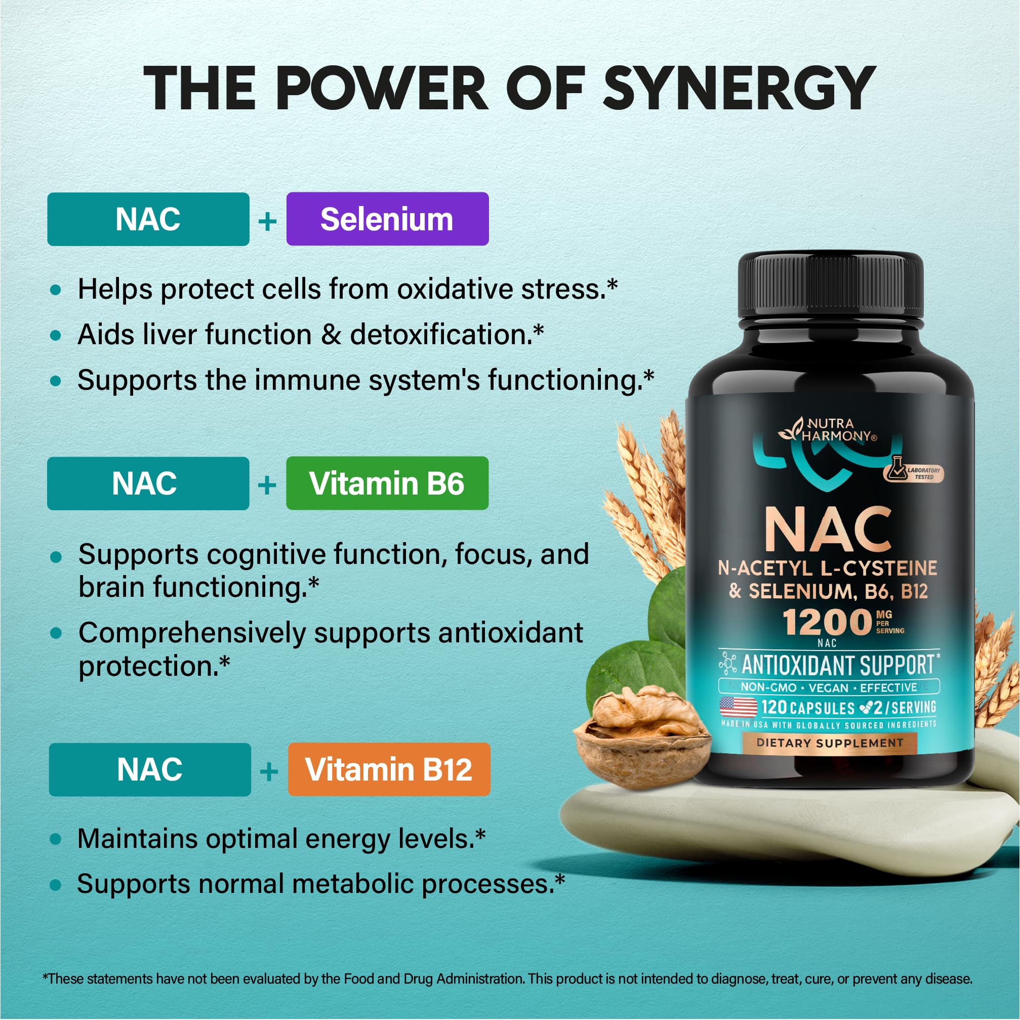 NAC Supplement with Selenium, B6 & B12 | Antioxidant & Immune Support | 1200 mg NAC per Serving | Made in USA