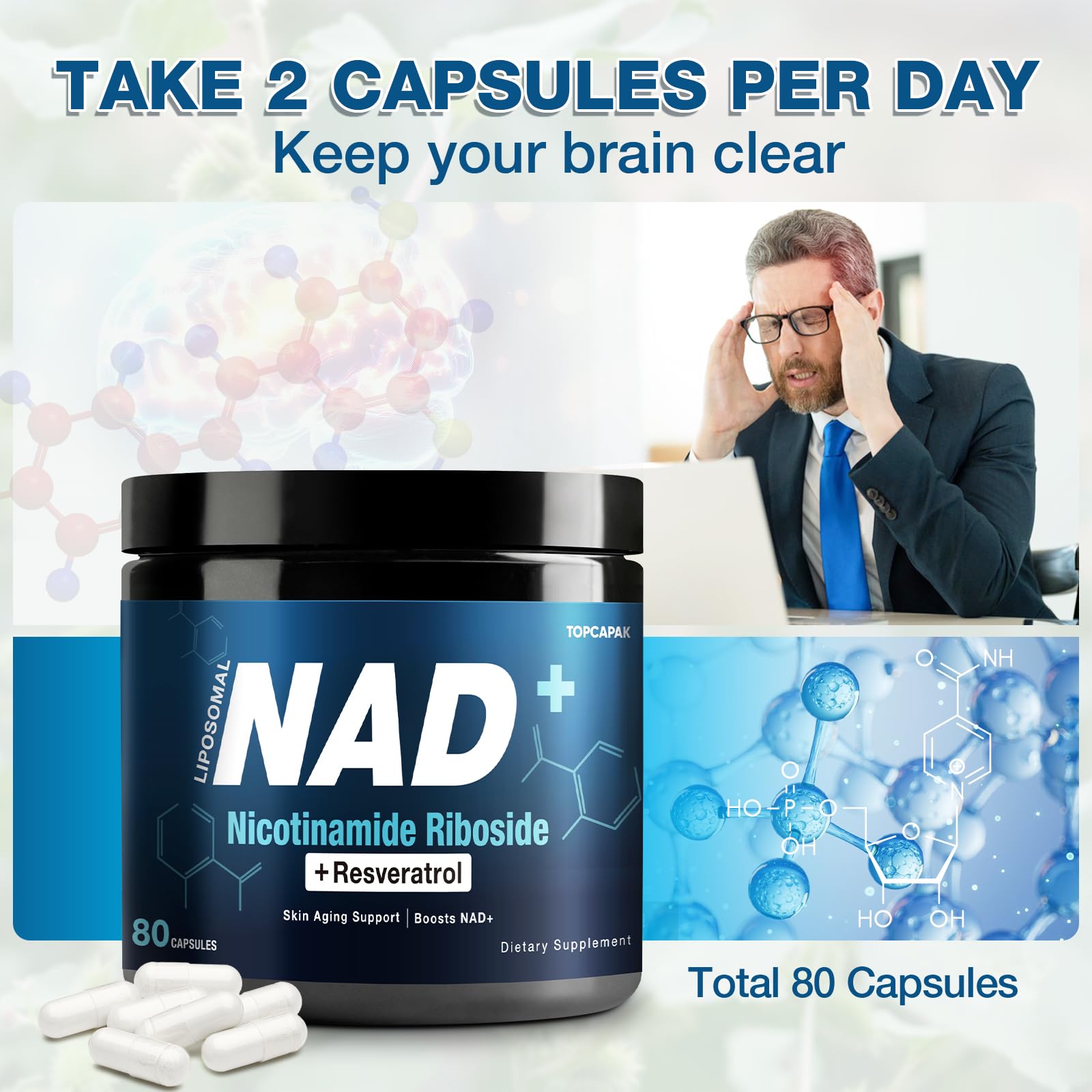 NAD+ Supplement 1000mg NR & Resveratrol | Liposomal Organic NAD for Brain & Energy – 80 Capsules (2 Pcs)