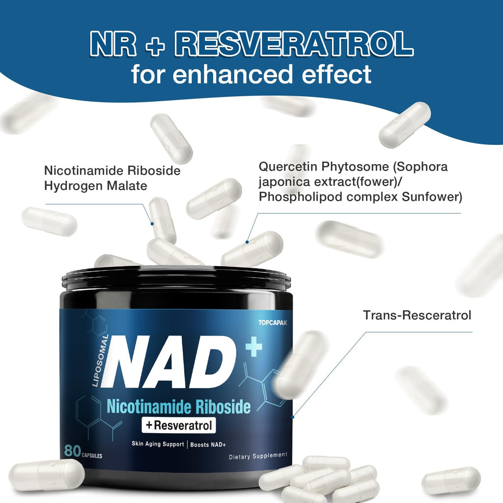 NAD+ Supplement 1000mg NR & Resveratrol | Liposomal Organic NAD for Brain & Energy – 80 Capsules (2 Pcs)