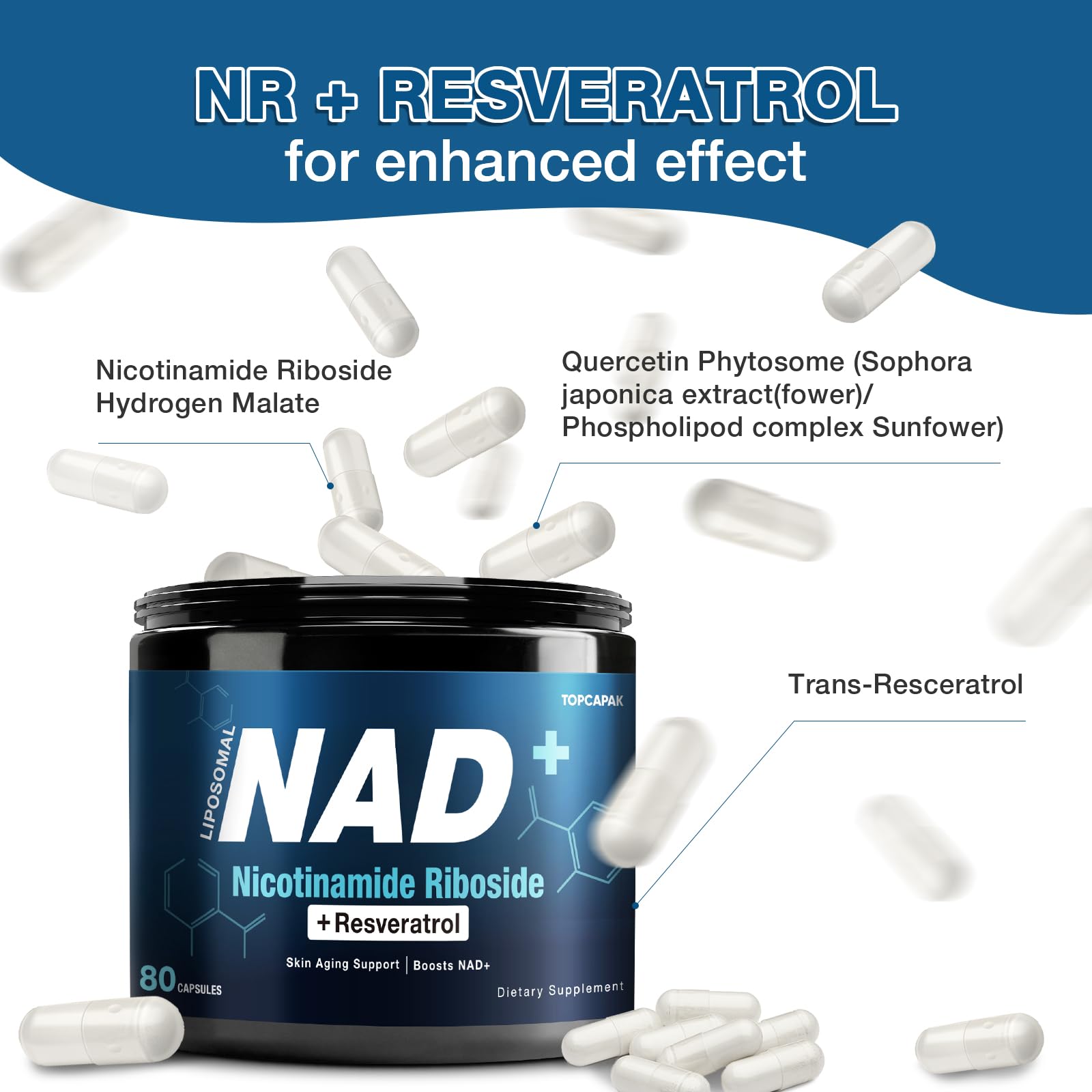 NAD+ Supplement 1000mg NR & Resveratrol | Liposomal Organic NAD for Brain & Energy – 80 Capsules (2 Pcs)