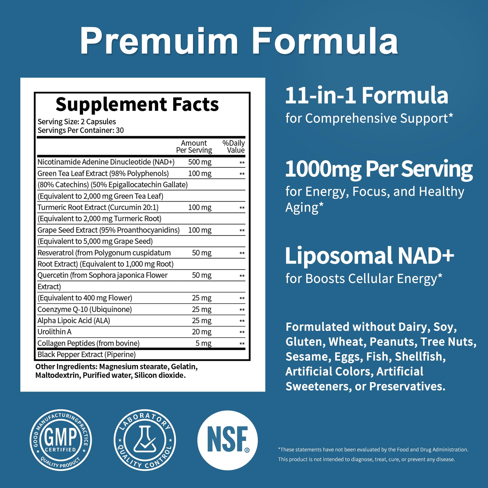 NAD Supplement 11-in-1 Extra Strength – Liposomal NAD with Resveratrol, CoQ10, Urolithin A, ALA & Turmeric – Supports Anti-Aging, Cellular Repair, Energy & Focus – for Women & Men – 60 Capsules
