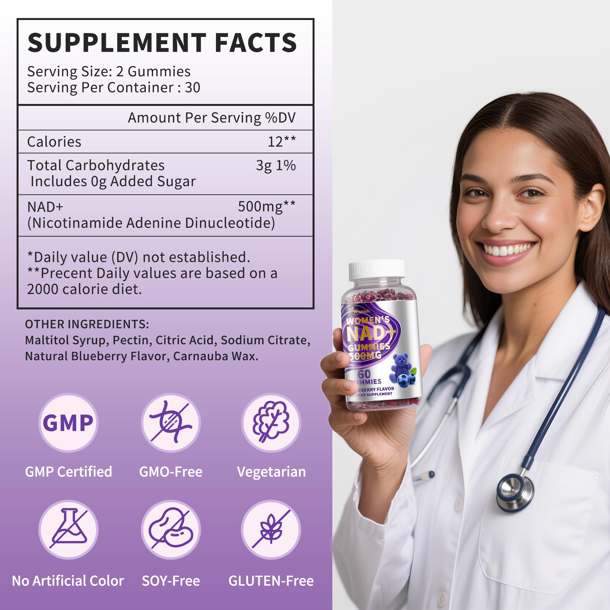 3 Pack NAD Gummies for Women - 500mg NAD, Vegan, Sugar-Free, Blueberry