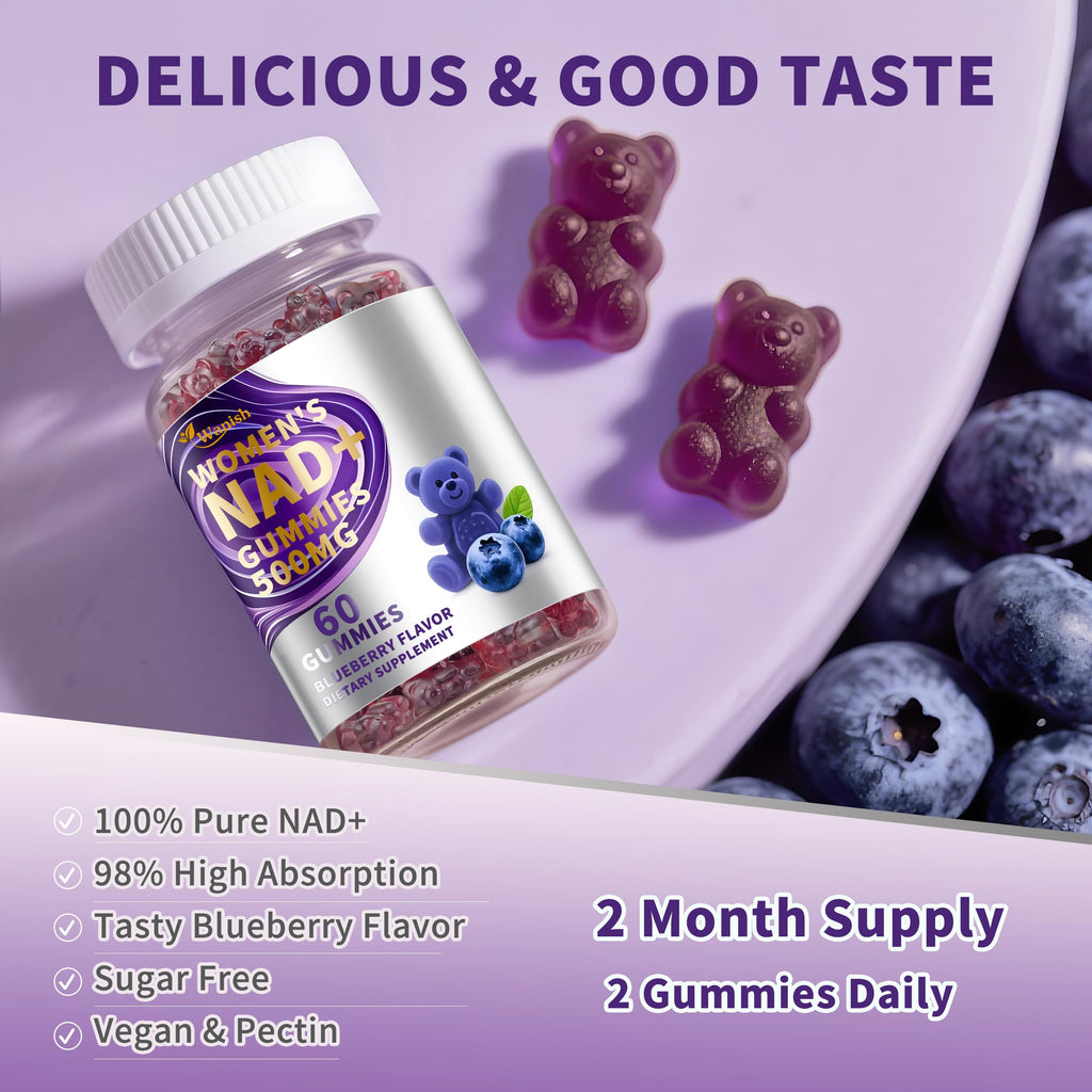 3 Pack NAD Gummies for Women - 500mg NAD, Vegan, Sugar-Free, Blueberry