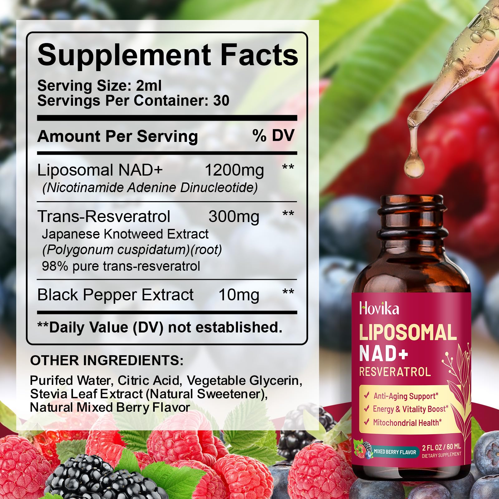 Liposomal NAD Supplement - 1200mg NAD+ Liquid Drops for Women & Men with Resveratrol, Black Pepper Extract - Support Anti-Aging, Brain & Cellular Mitochondrial Health - 2 Fl Oz Mixed Berry Flavor