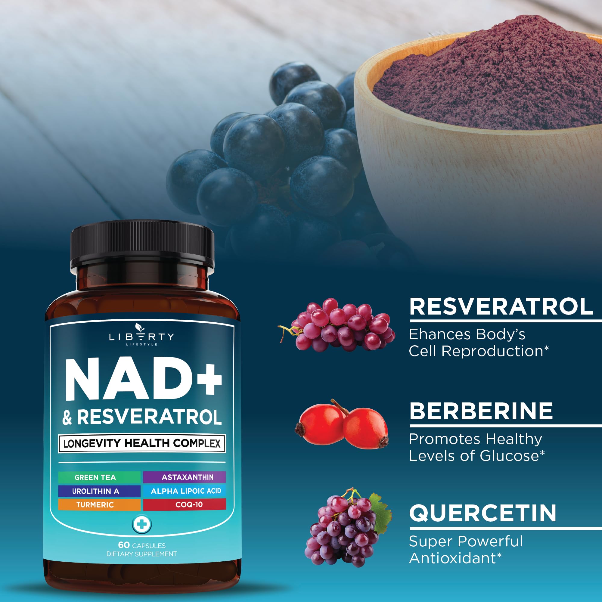 NAD+ 300 mg Complex with Astaxanthin, Urolithin A, Resveratrol & CoQ10 – 120 Vegan Capsules