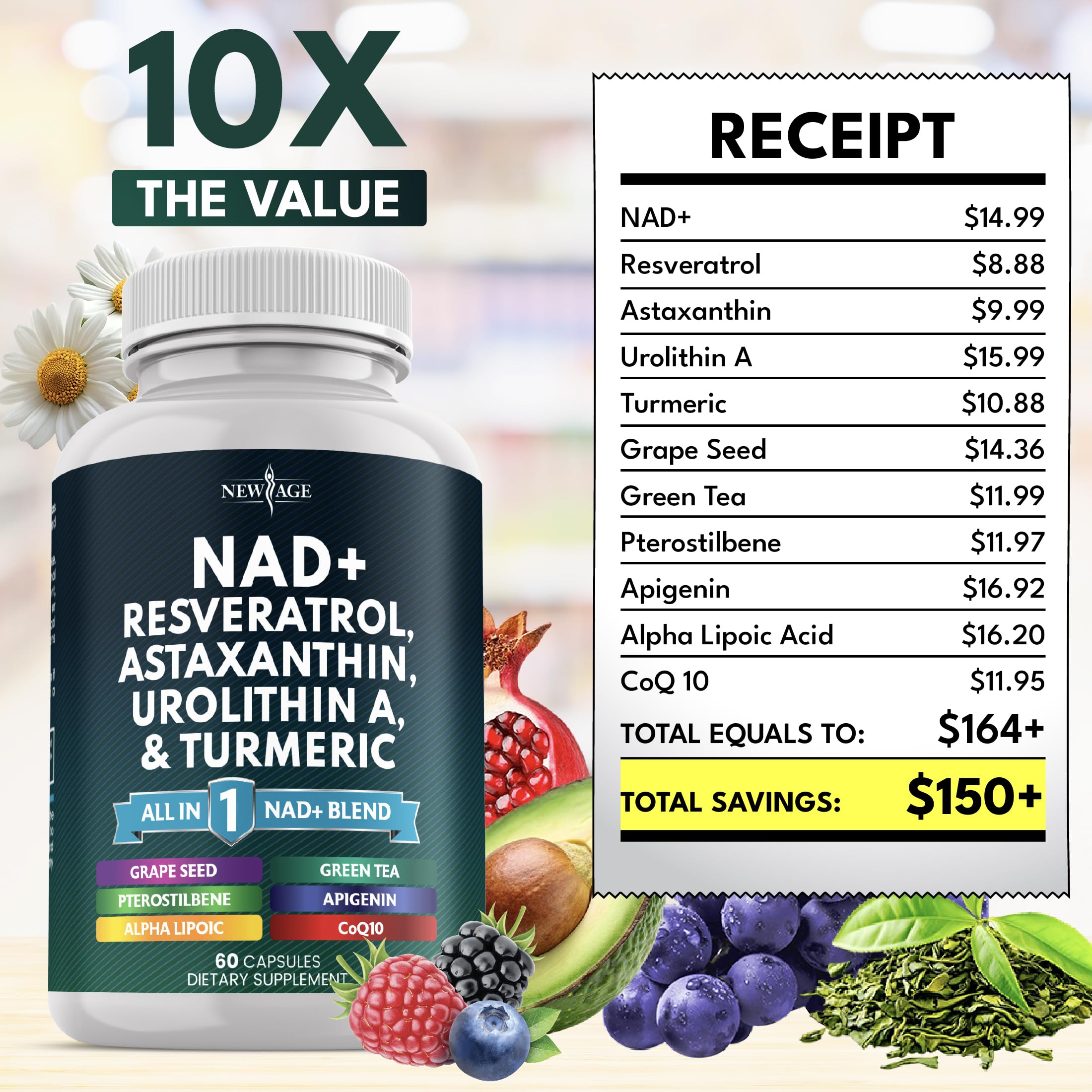 NEW AGE NAD+ Supplement – Astaxanthin, Urolithin A, Resveratrol, CoQ10 | Cellular Energy & Mitochondrial Support