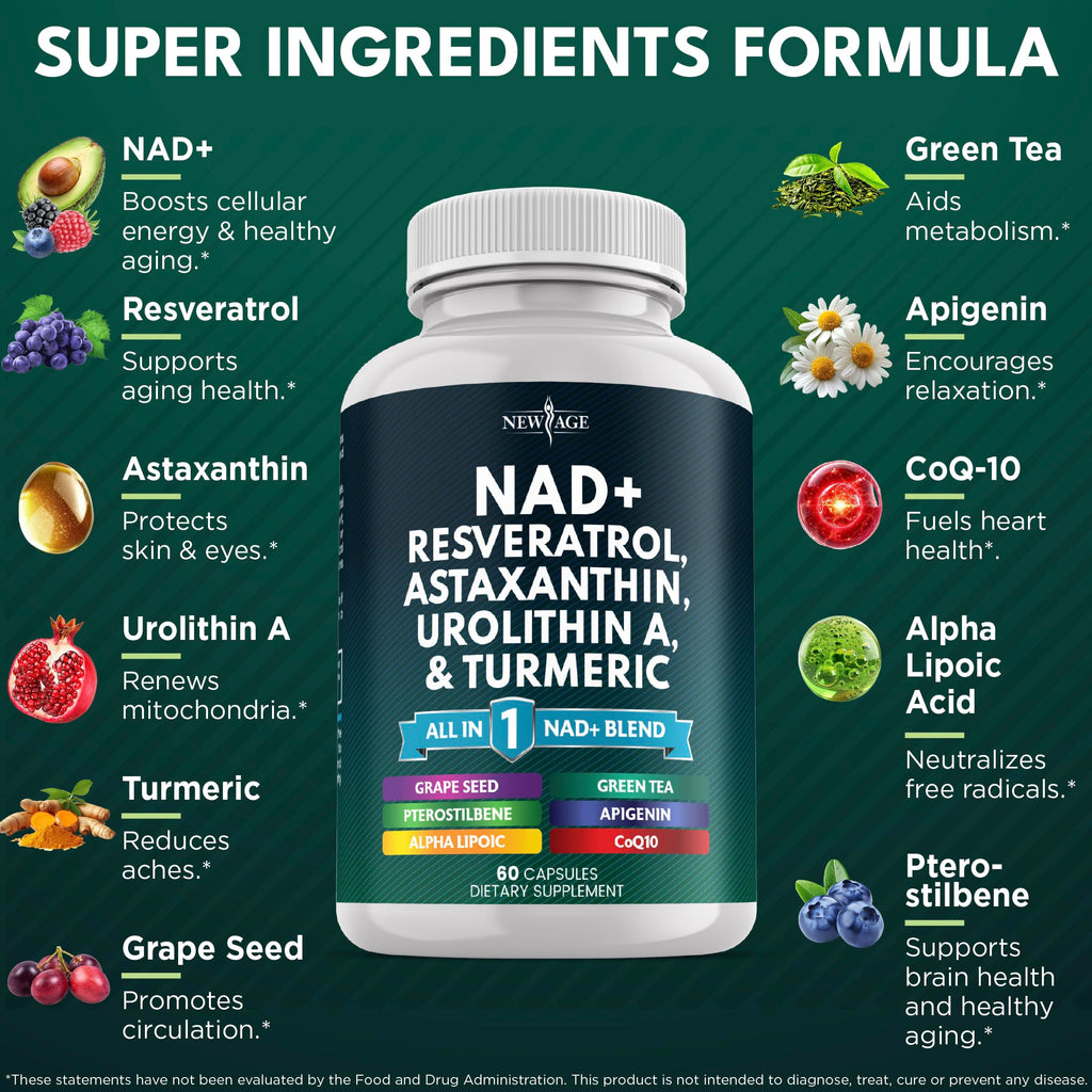 NEW AGE NAD+ Supplement – Astaxanthin, Urolithin A, Resveratrol, CoQ10 | Cellular Energy & Mitochondrial Support