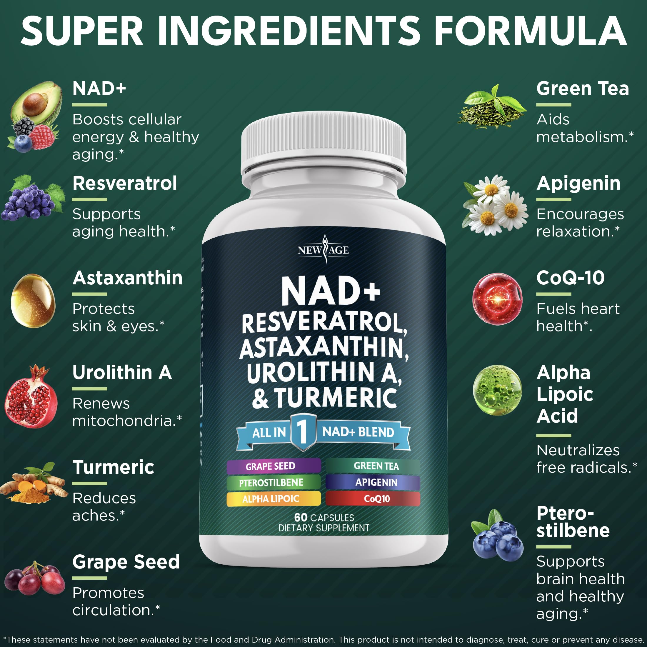 NEW AGE NAD+ Supplement – Astaxanthin, Urolithin A, Resveratrol, CoQ10 | Cellular Energy & Mitochondrial Support