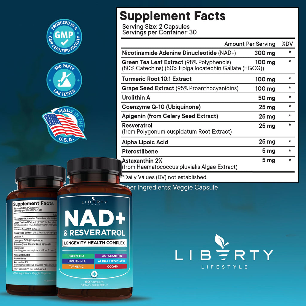 NAD+ Supplement Complex – 300 mg NAD+ with Astaxanthin, Urolithin A, Resveratrol & CoQ10 | 180 Count