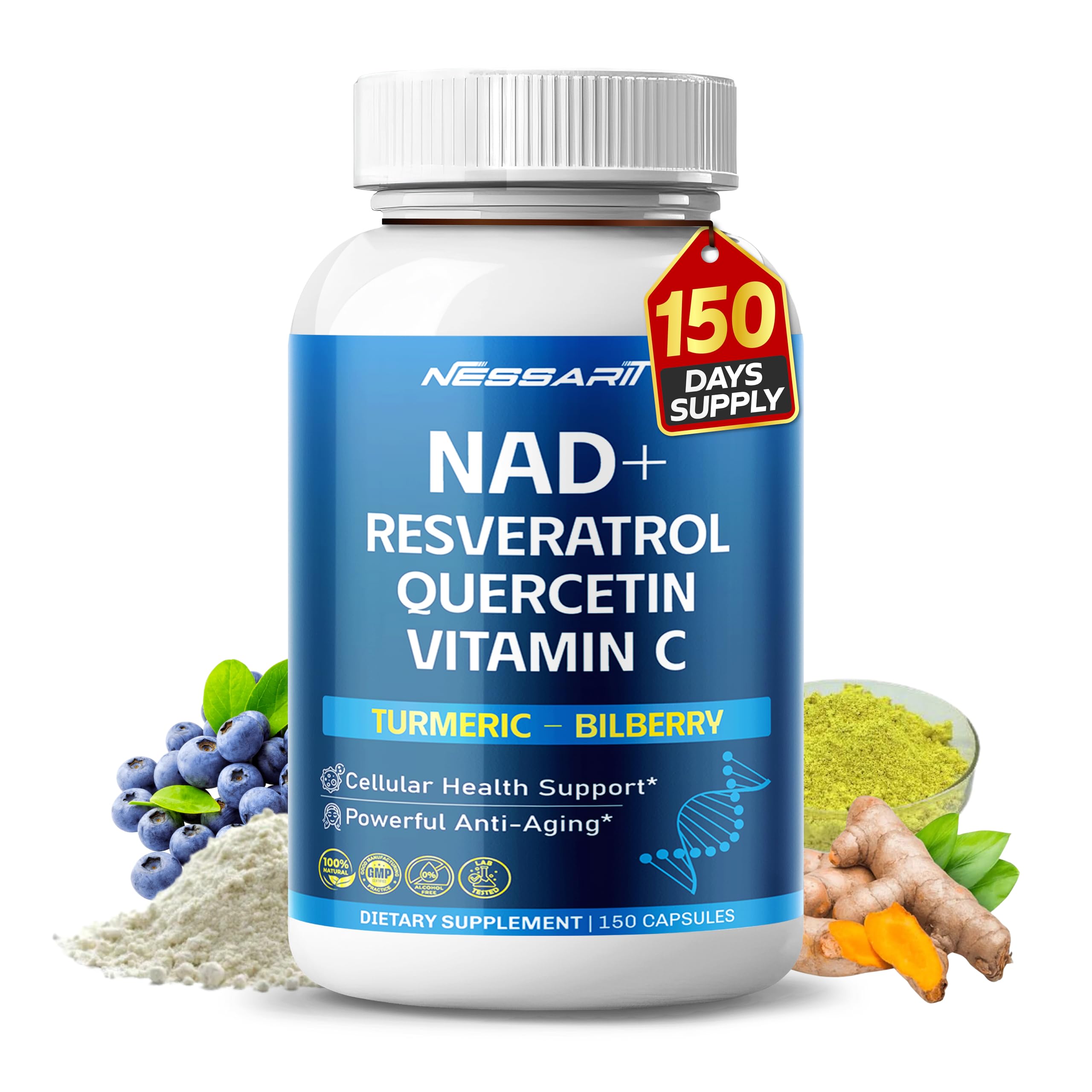 NAD+ Resveratrol Supplement - 10-in-1 Natural Blend with Quercetin, Turmeric, Berberine, Bilberry, Green Tea - 150 Count - Made & Tested in the USA