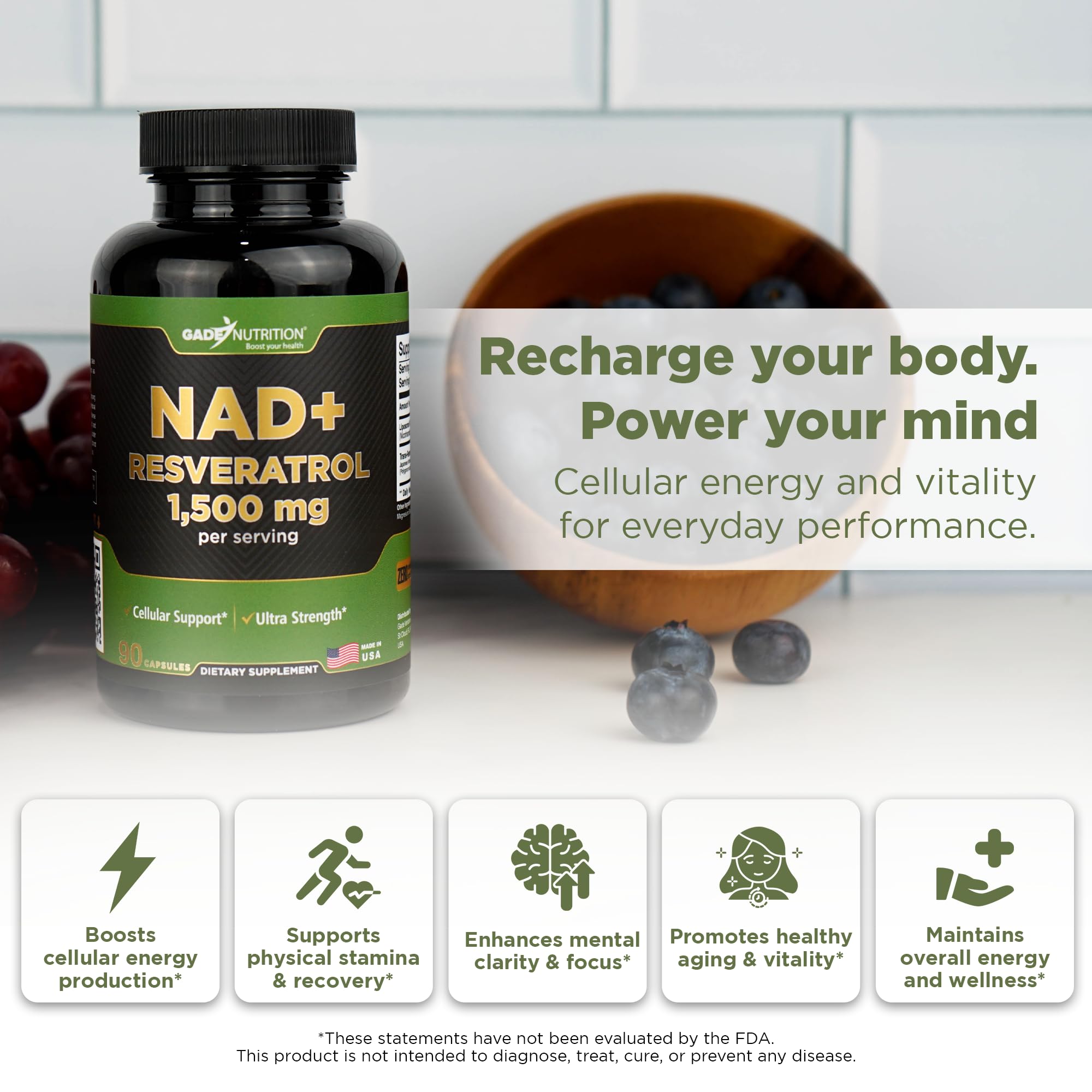 Gade Nutrition NAD+ with Resveratrol Supplement | Made in USA | Healthy Aging & Antioxidant