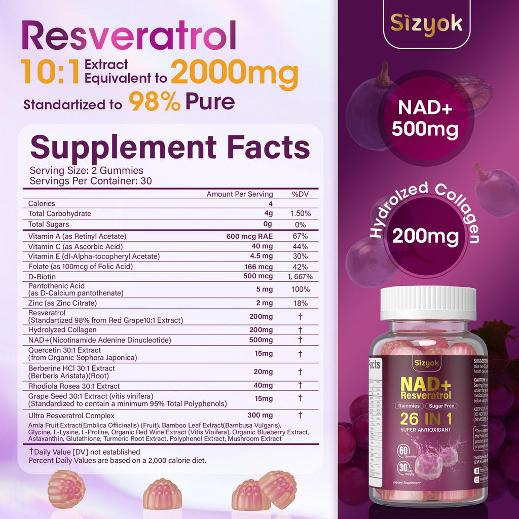 NAD Resveratrol Gummies for Women – NAD+ Support, Antioxidants, 60 Gummies