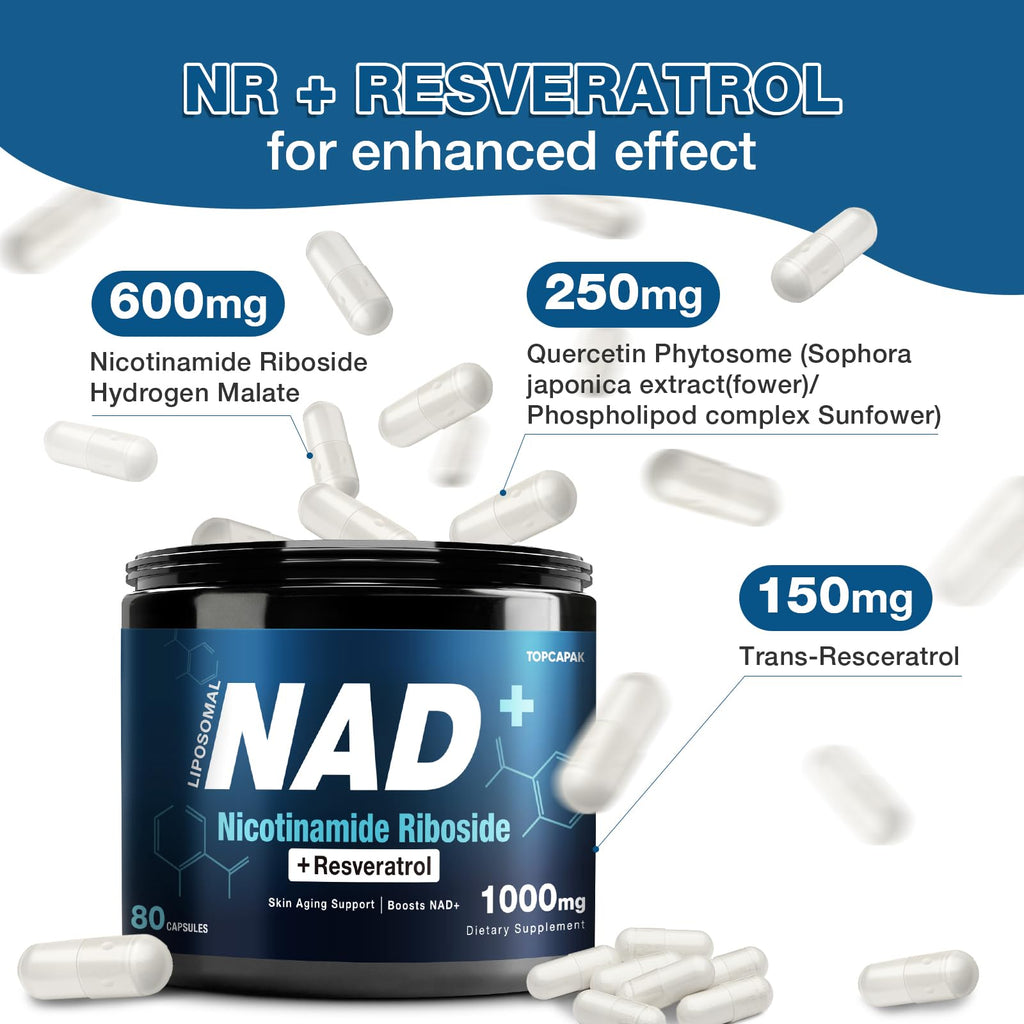 NAD+ Supplement 1000mg - NR & Resveratrol | Liposomal NAD for Brain, Energy & Healthy Aging | 80 Capsules
