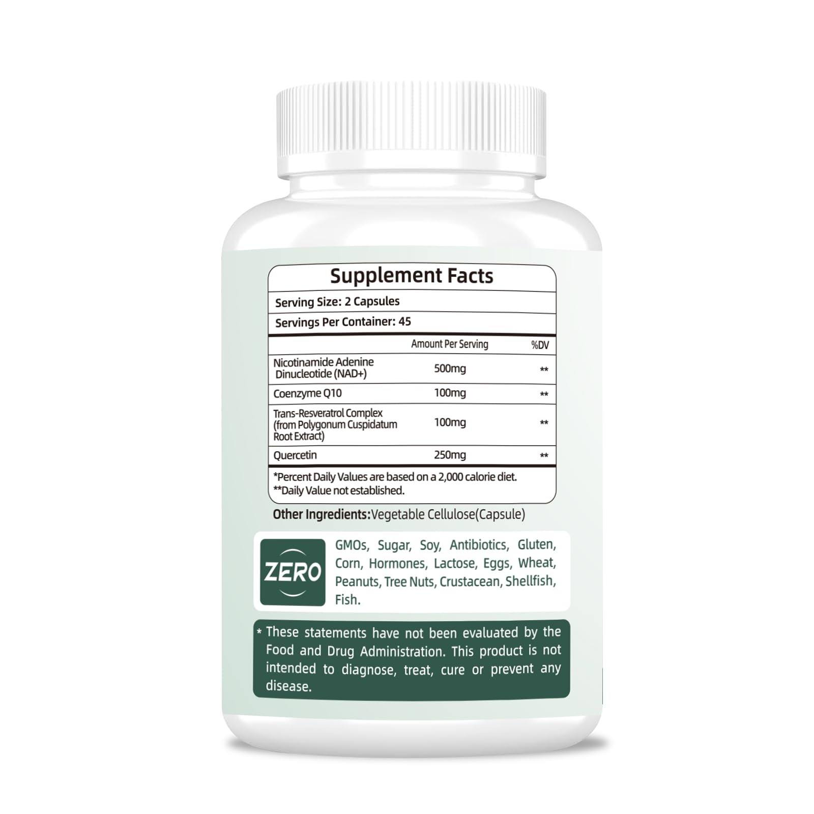 NAD Supplement 500mg - Pure Organic NAD+ for Women & Men | Trans-Resveratrol, CoQ10 & Quercetin