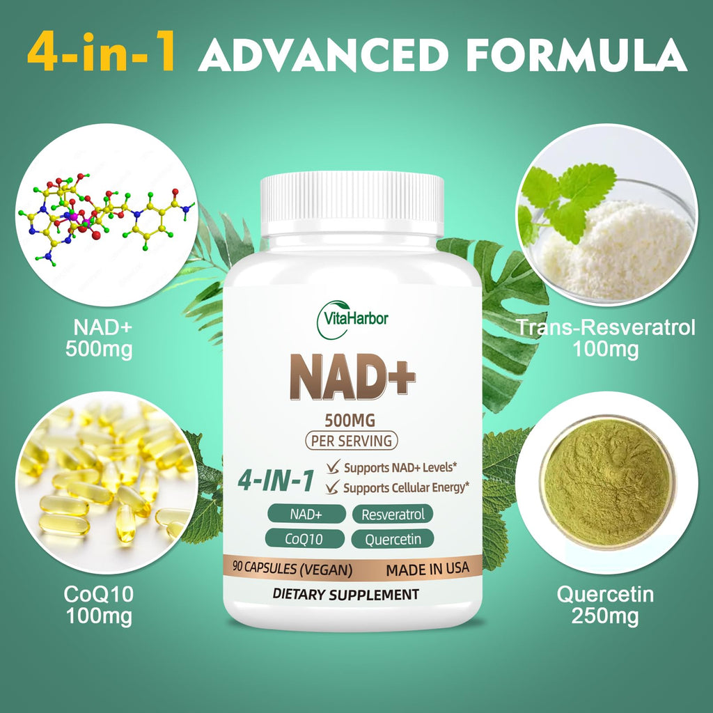 NAD Supplement 500mg - Pure Organic NAD+ for Women & Men | Trans-Resveratrol, CoQ10 & Quercetin