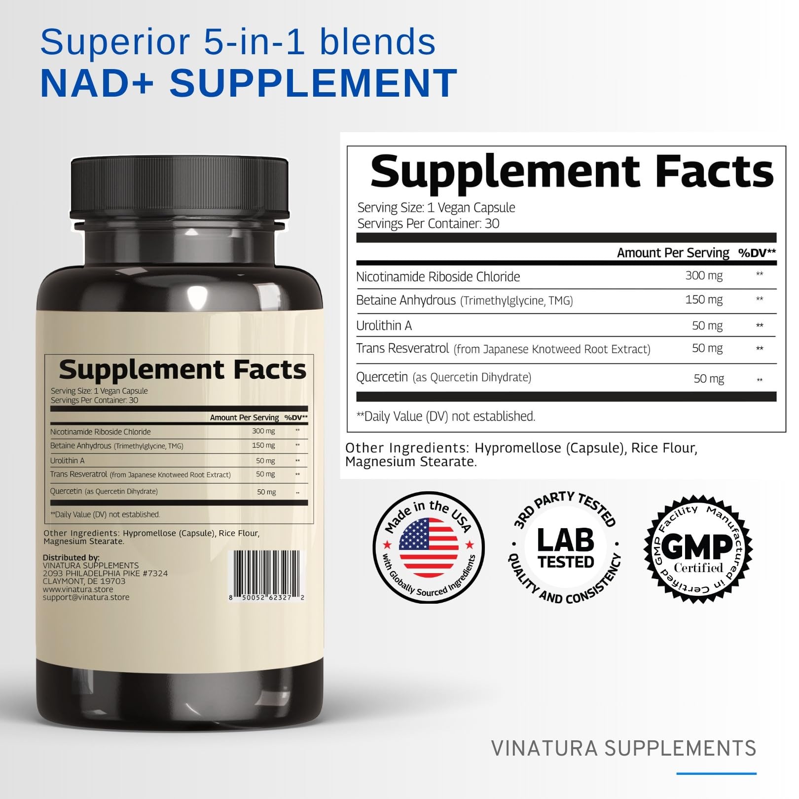 NAD+ Supplement – Nicotinamide Riboside + Resveratrol, TMG & Urolithin A | 30 Vegan Capsules