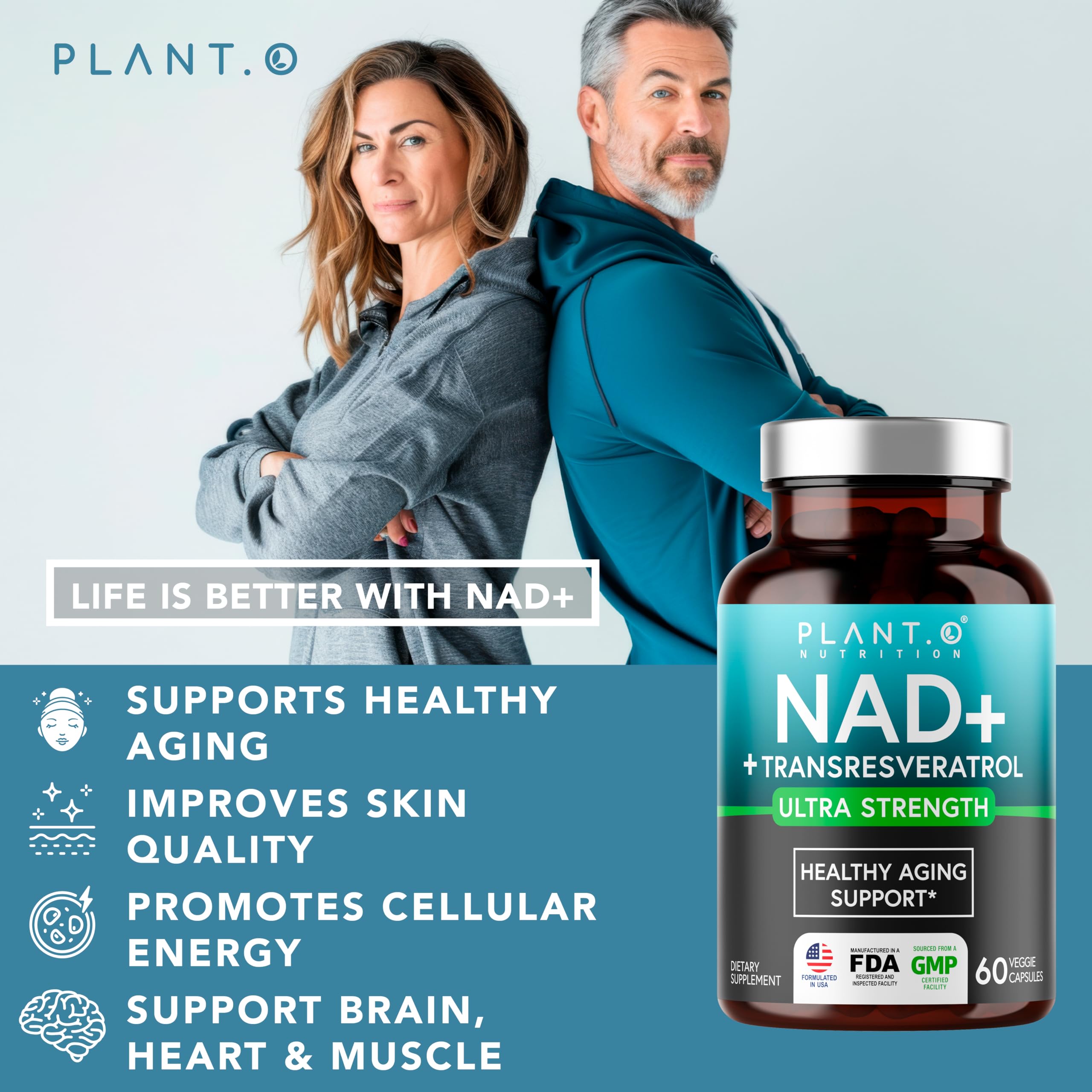 NAD Supplement High Purity (500mg of 95% Pure NAD Plus) with Resveratrol - NMN and Nicotinamide Riboside Alternative for Energy, Anti-Aging, Cell Regeneration, Focus – 60 Pills
