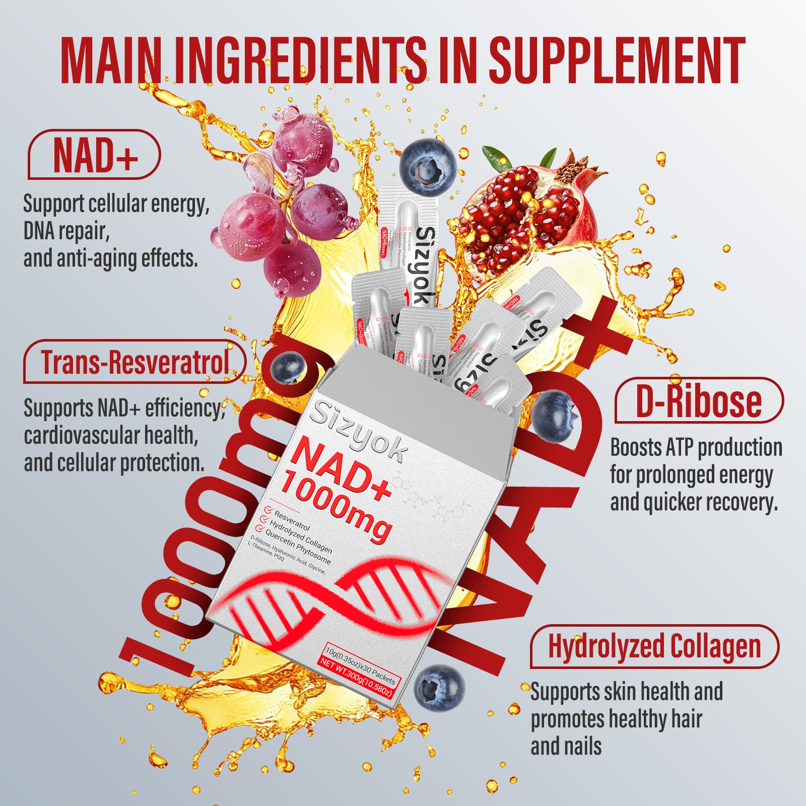 NAD+ 1000mg Liquid – High Absorption NAD+ with Trans-Resveratrol, Collagen & Hyaluronic Acid