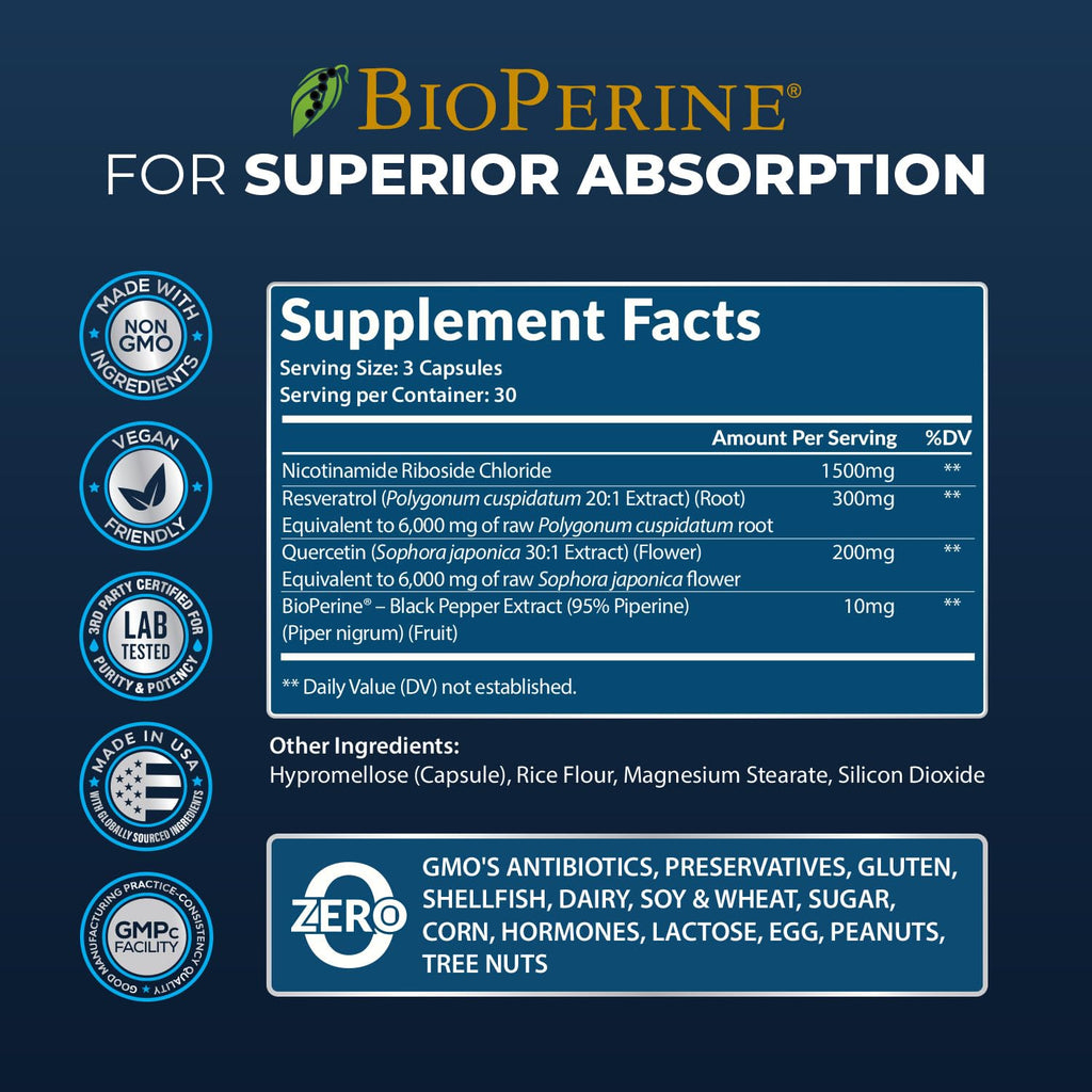 NAD+ Supplement with Nicotinamide Riboside, Resveratrol, Quercetin & BioPerine® | High Absorption